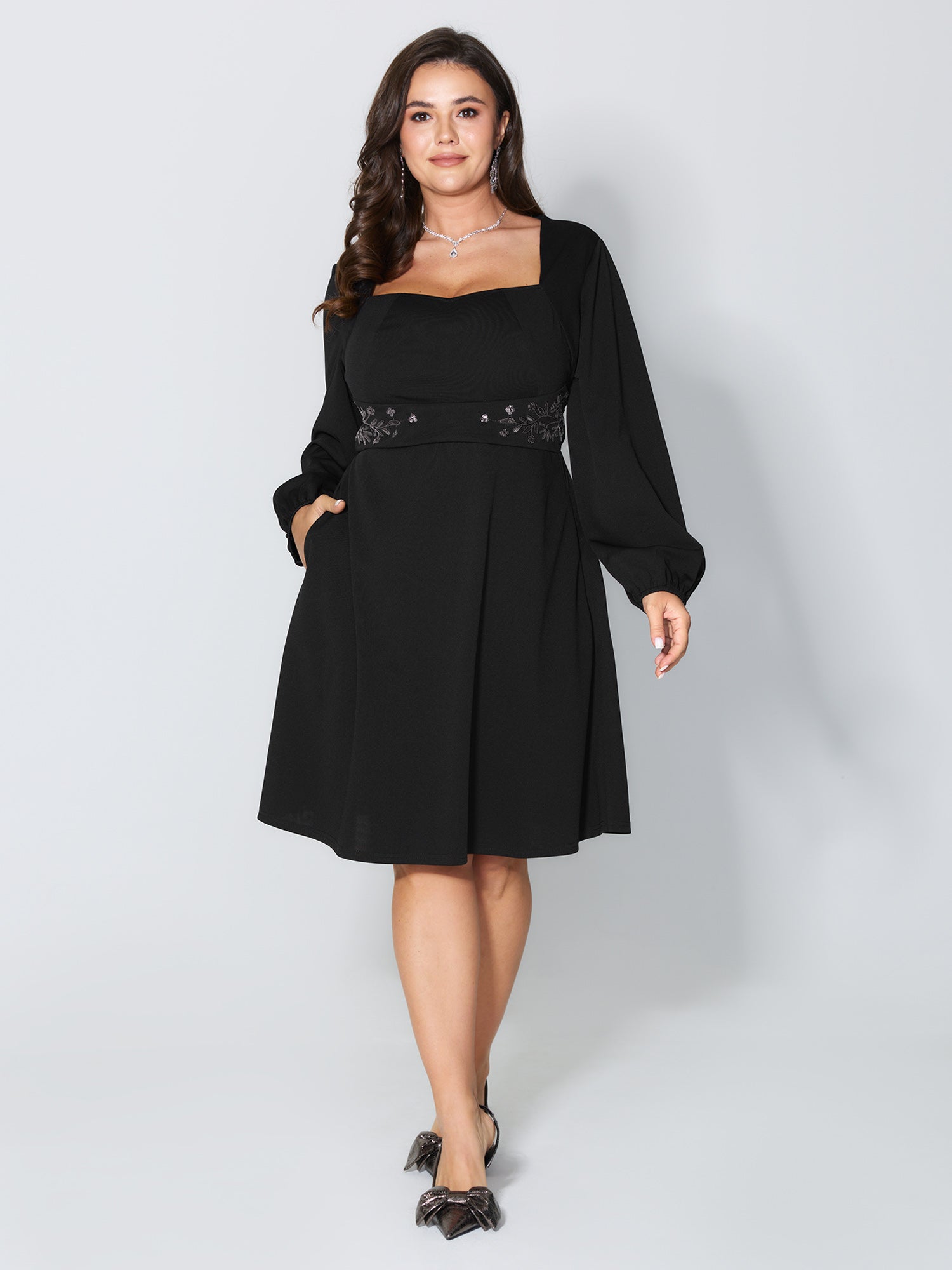 Sequin Embroidery Waist-Defining Pocket Knee Dress