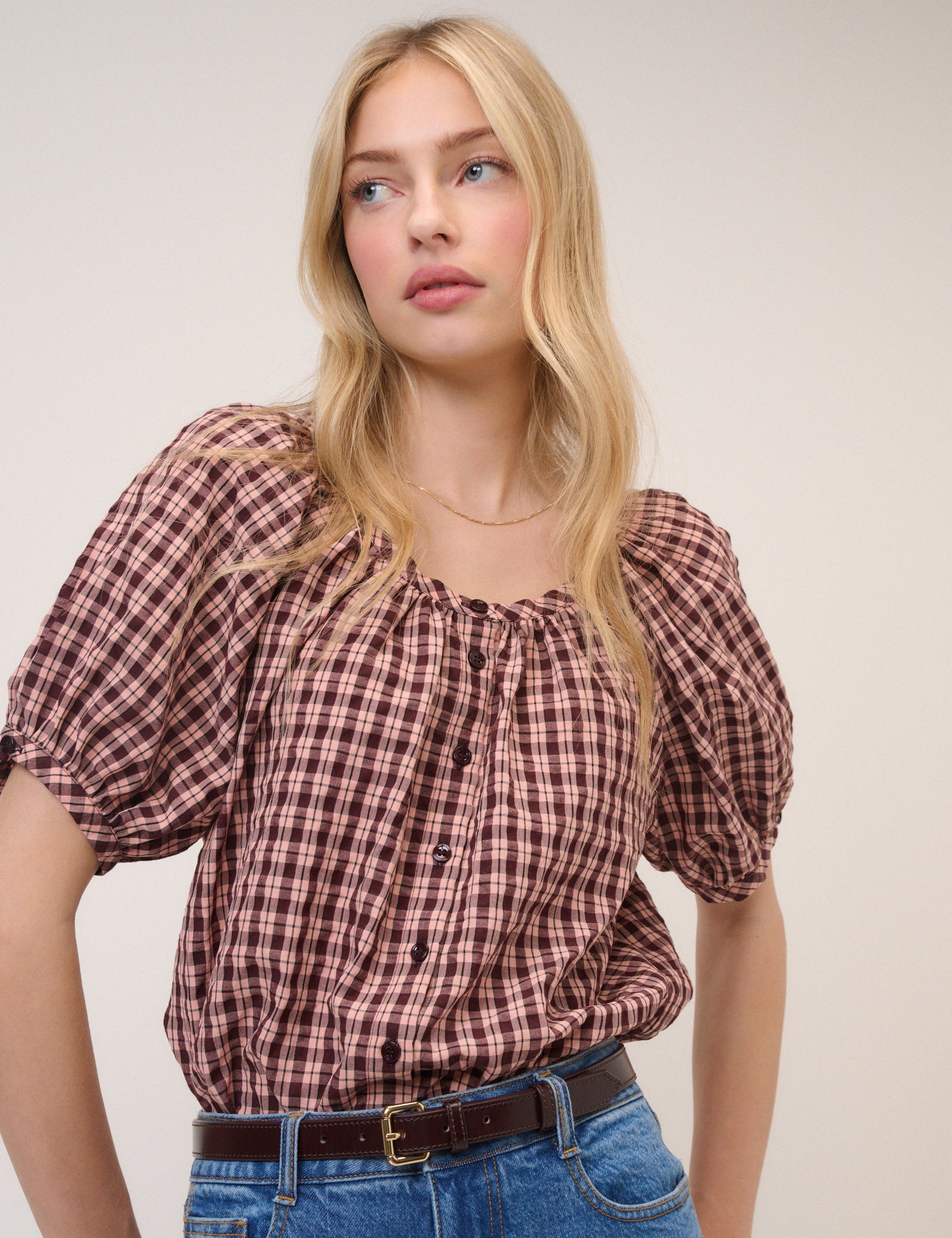 Pink Check Puff Sleeve Button Front Top
