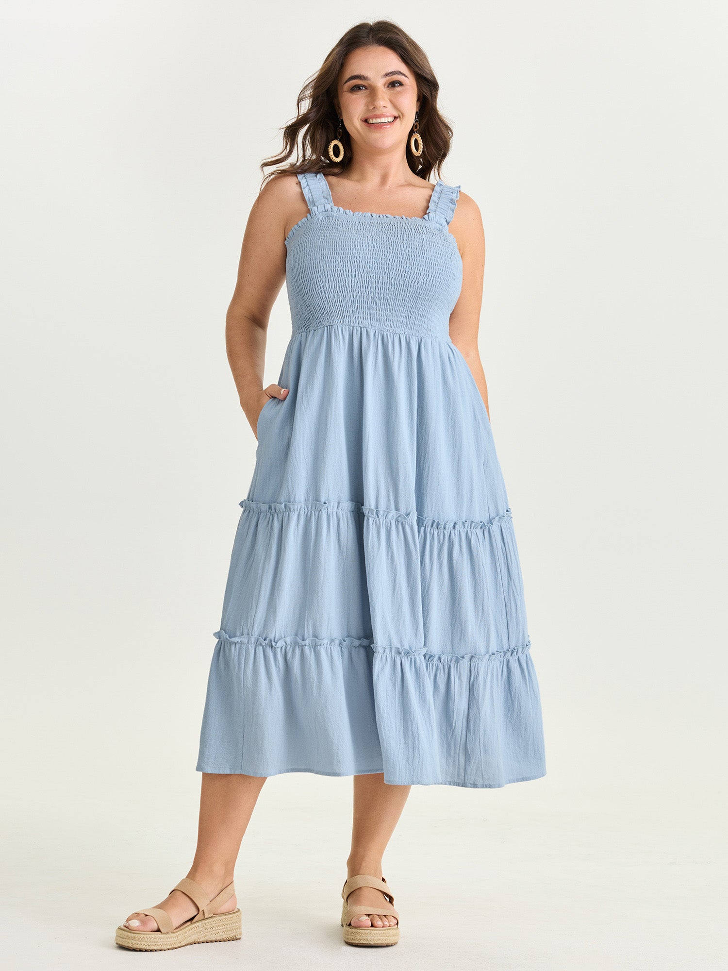 Cotton Shirred Bodice Ruffled Straps Plain Maxi Dress