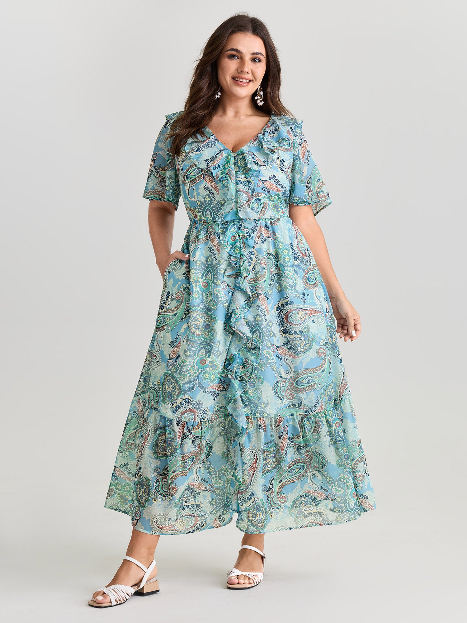 Delicate Paisley Print Ruffled Detail Maxi Dress
