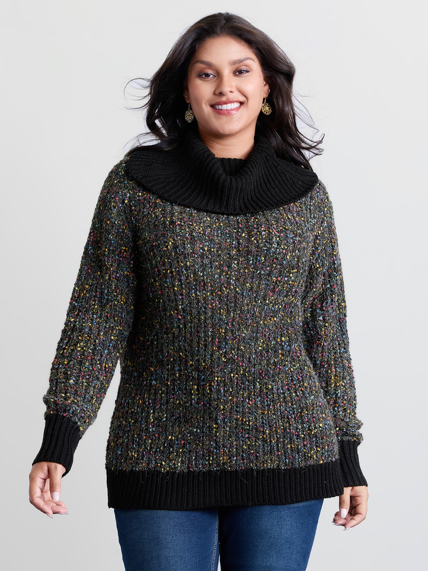 High Turtleneck Grainy Yarn Contrast Pullover