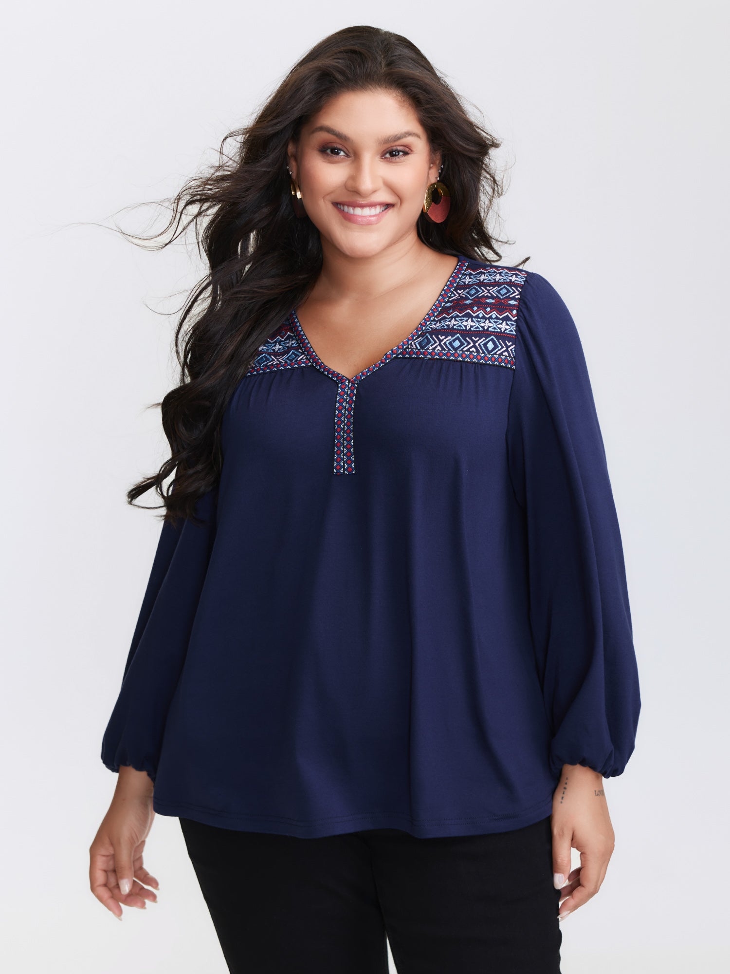 Boho Embroidery Stretchy Knit Top
