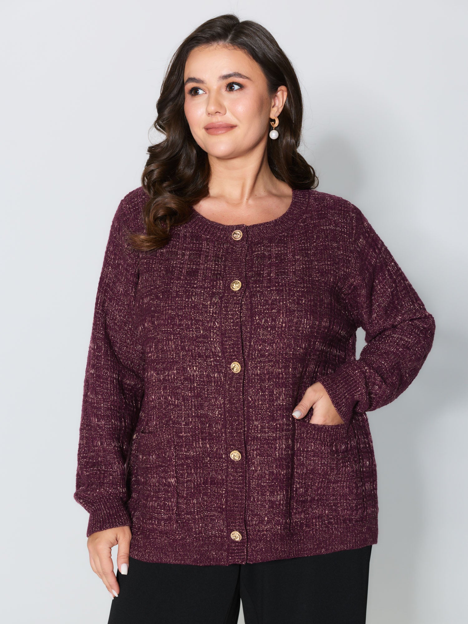 Textured Metallic Thread Button Knit Cardigan