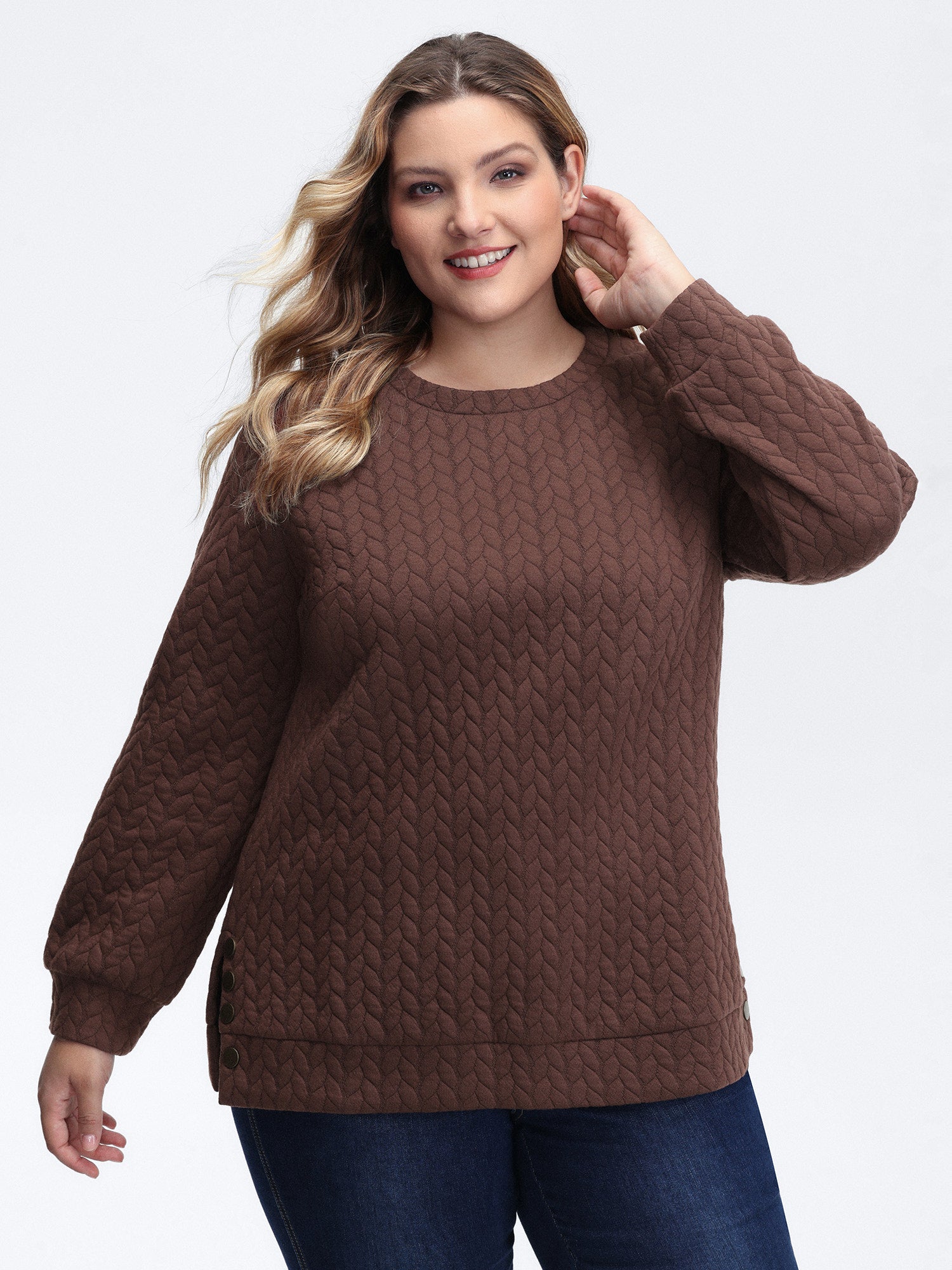 Textured Side Slit Round Neck Sweatshirt