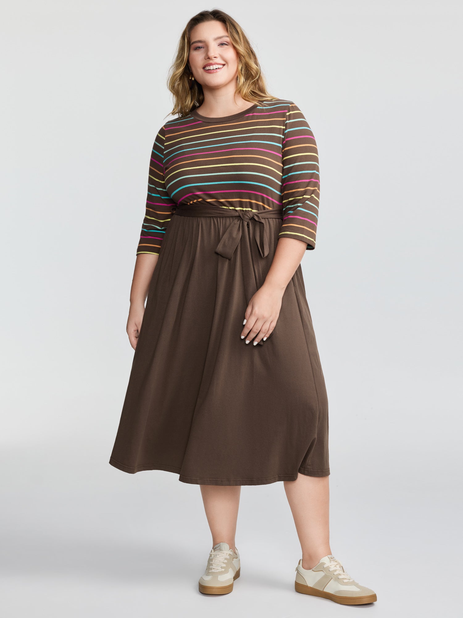 Colorful Stripe Stretchy Waist Midi Dress