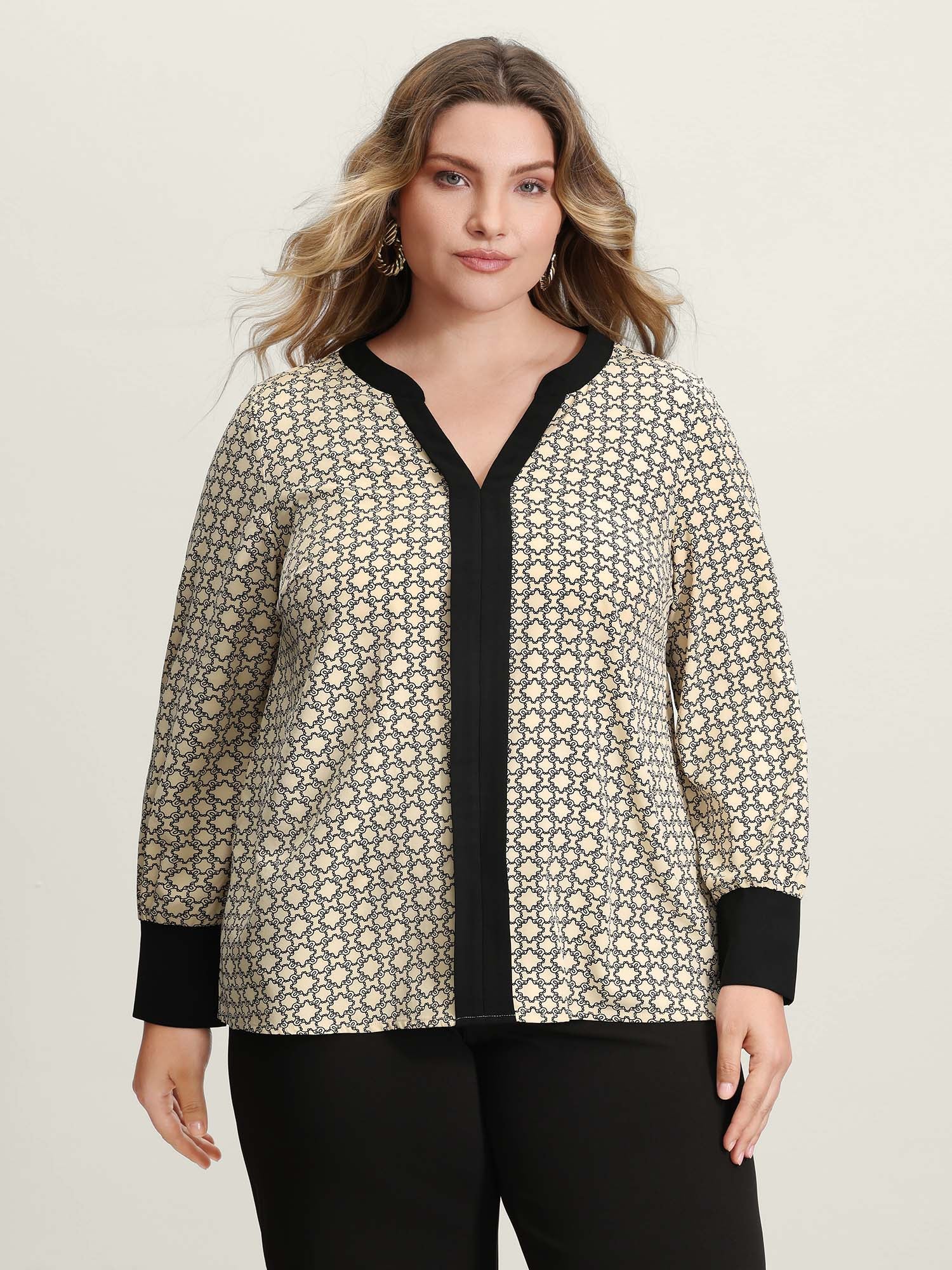Geometric Print Color Contrast Blouse