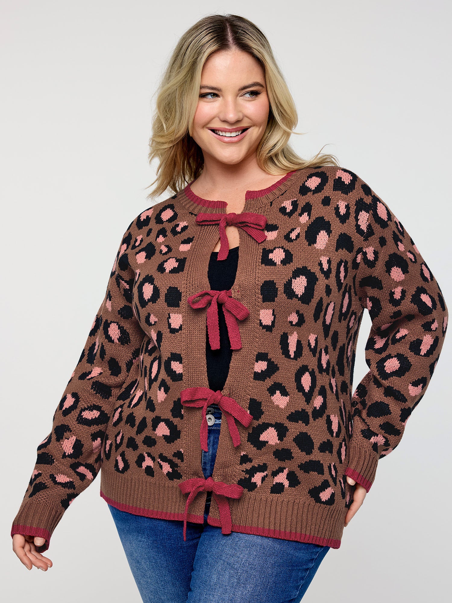 Leopard Pattern Color Contrast Bow Knit Cardigan