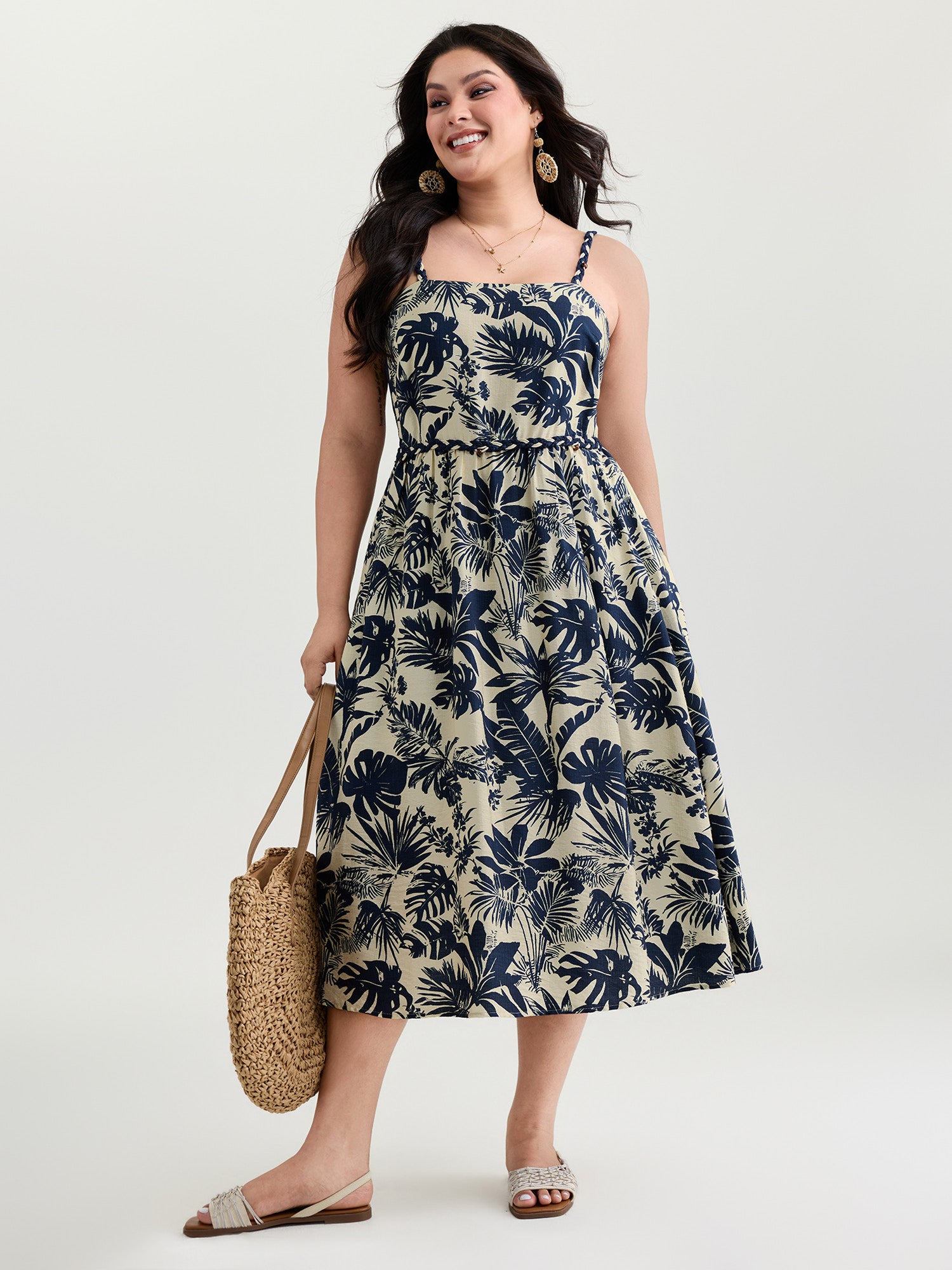 Tropical Print Stretchy Waist Midi Dress