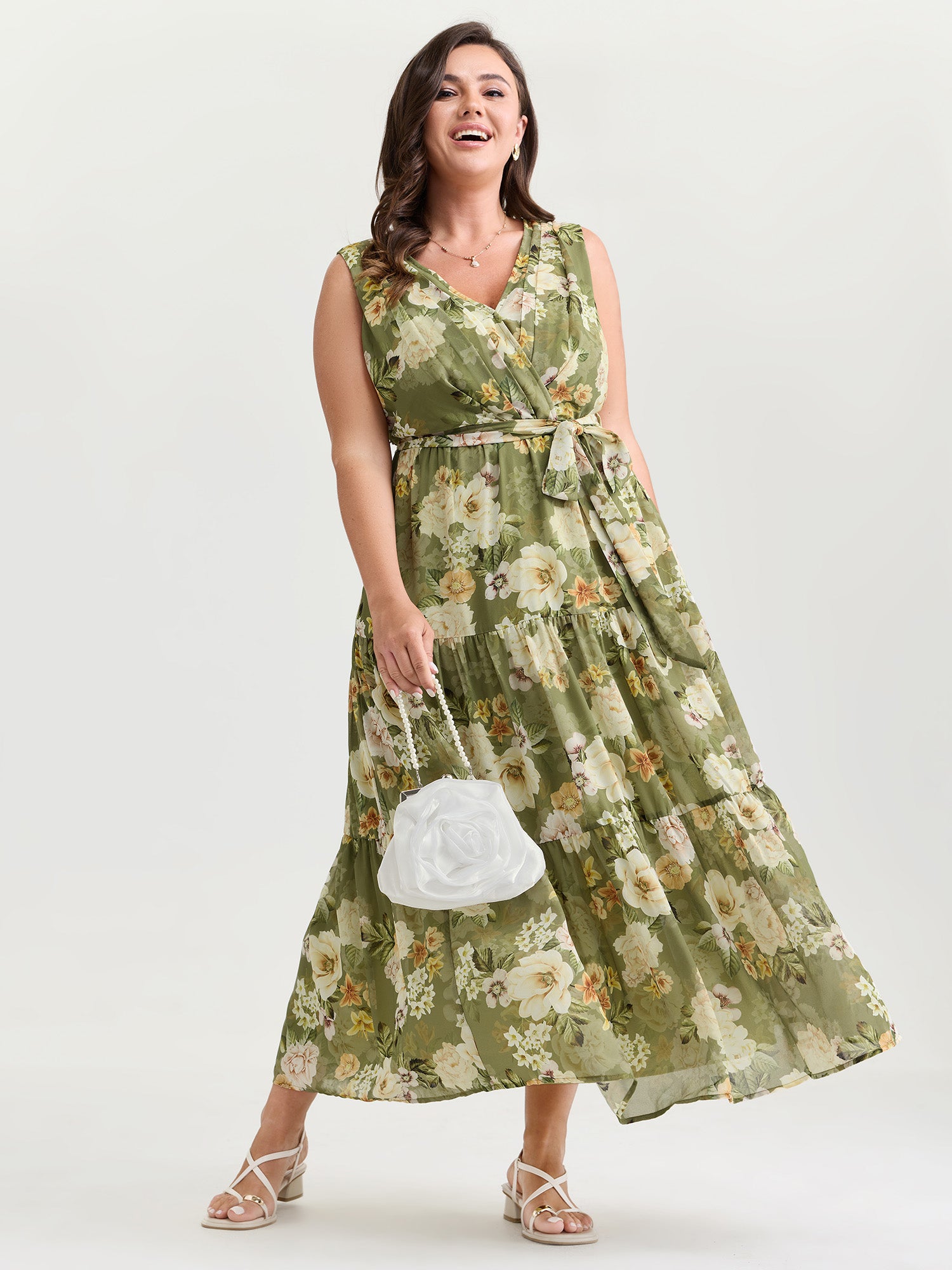 Large Floral Print Waist-Tie Tiered Maxi Dress