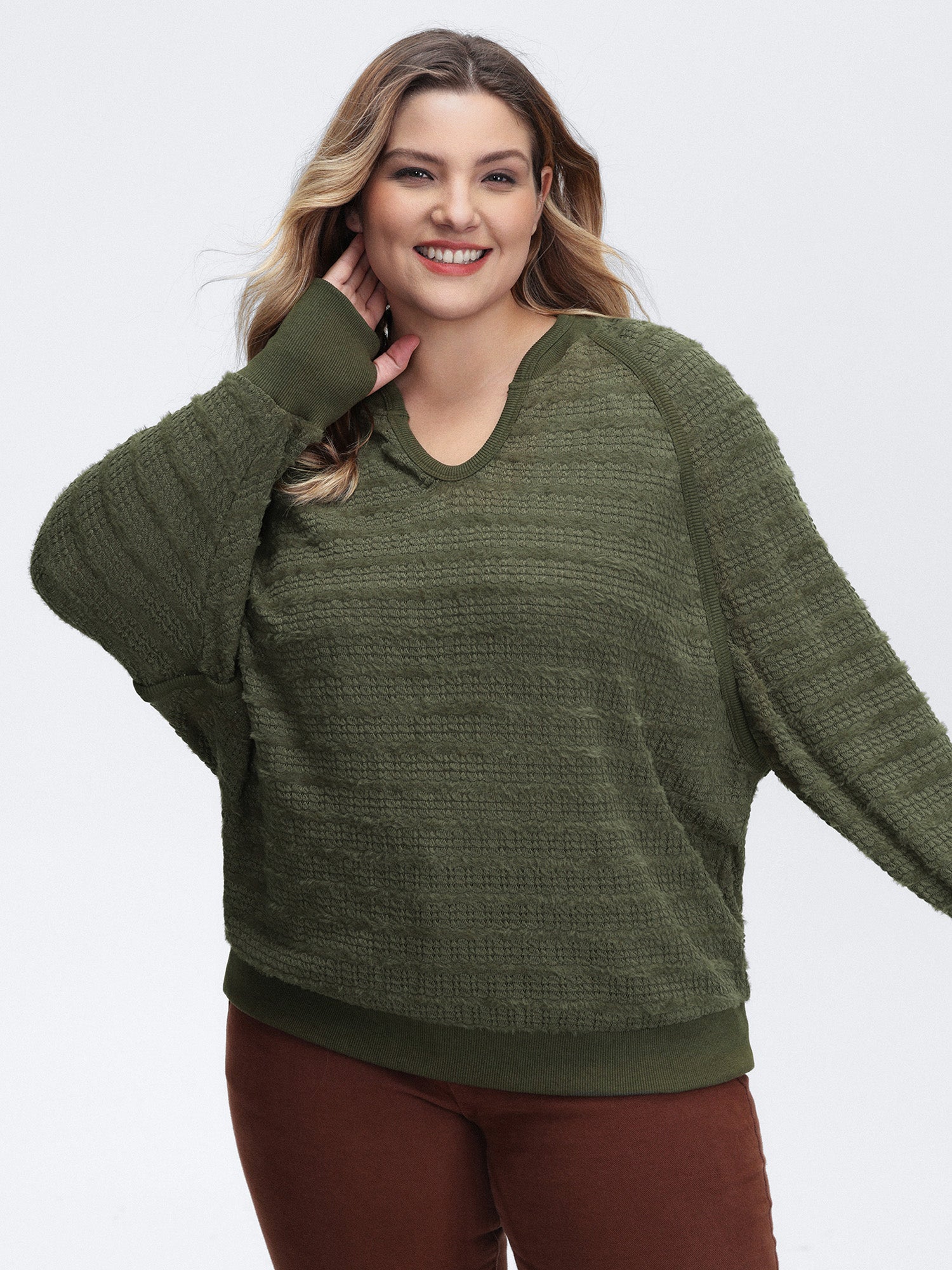 Textured V-Neck Dolman Sleeve Sweatshirt