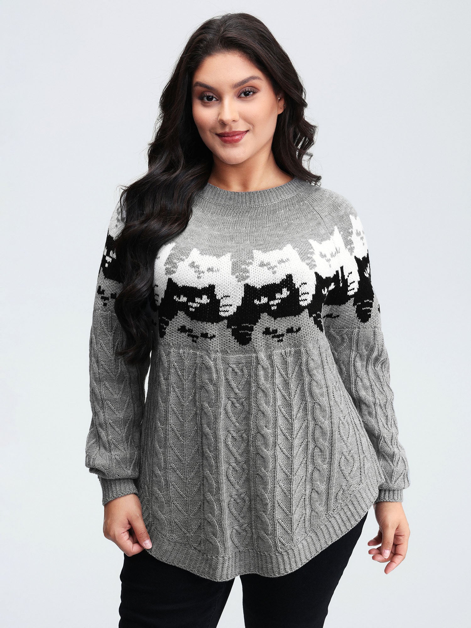 Color Block Cat Pattern Arc Hem Pullover
