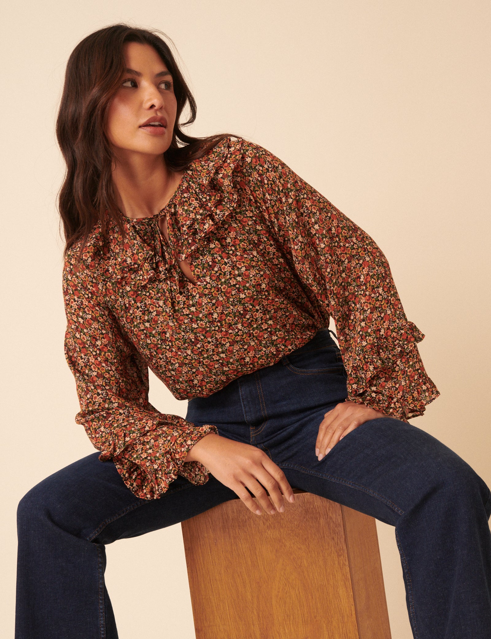 Black Ditsy Floral Flared Sleeve Blouse