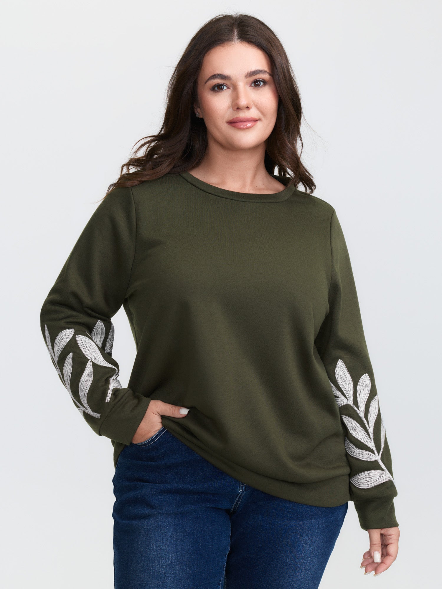 Leaf Embroidered Sleeve Round Neck Sweatshirt