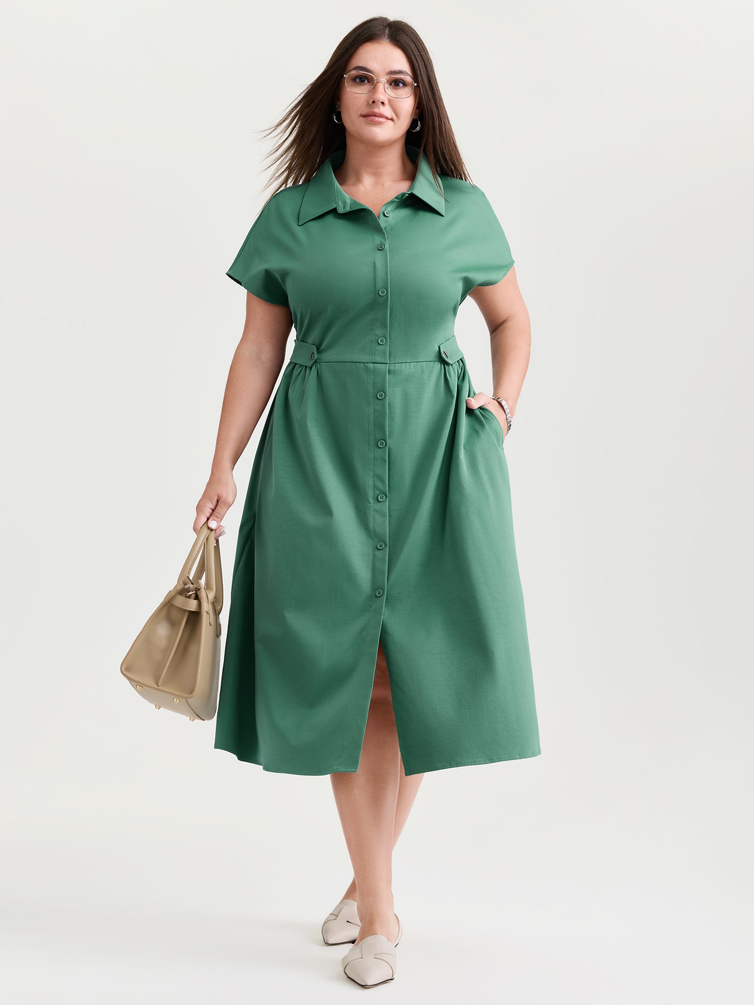 Shirt Collar Decorative Waistline Midi Dress