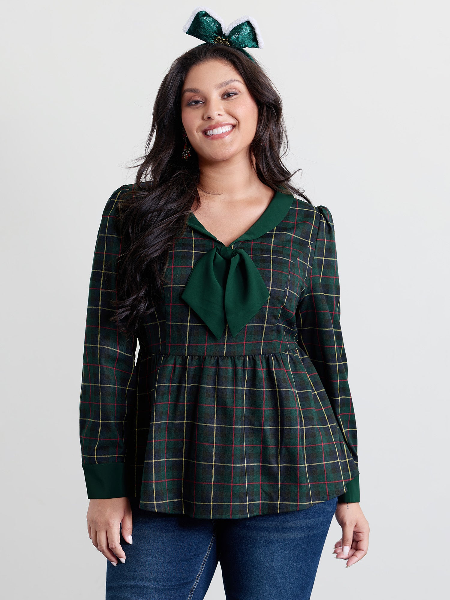 Check Pattern Lapel Tie Blouse