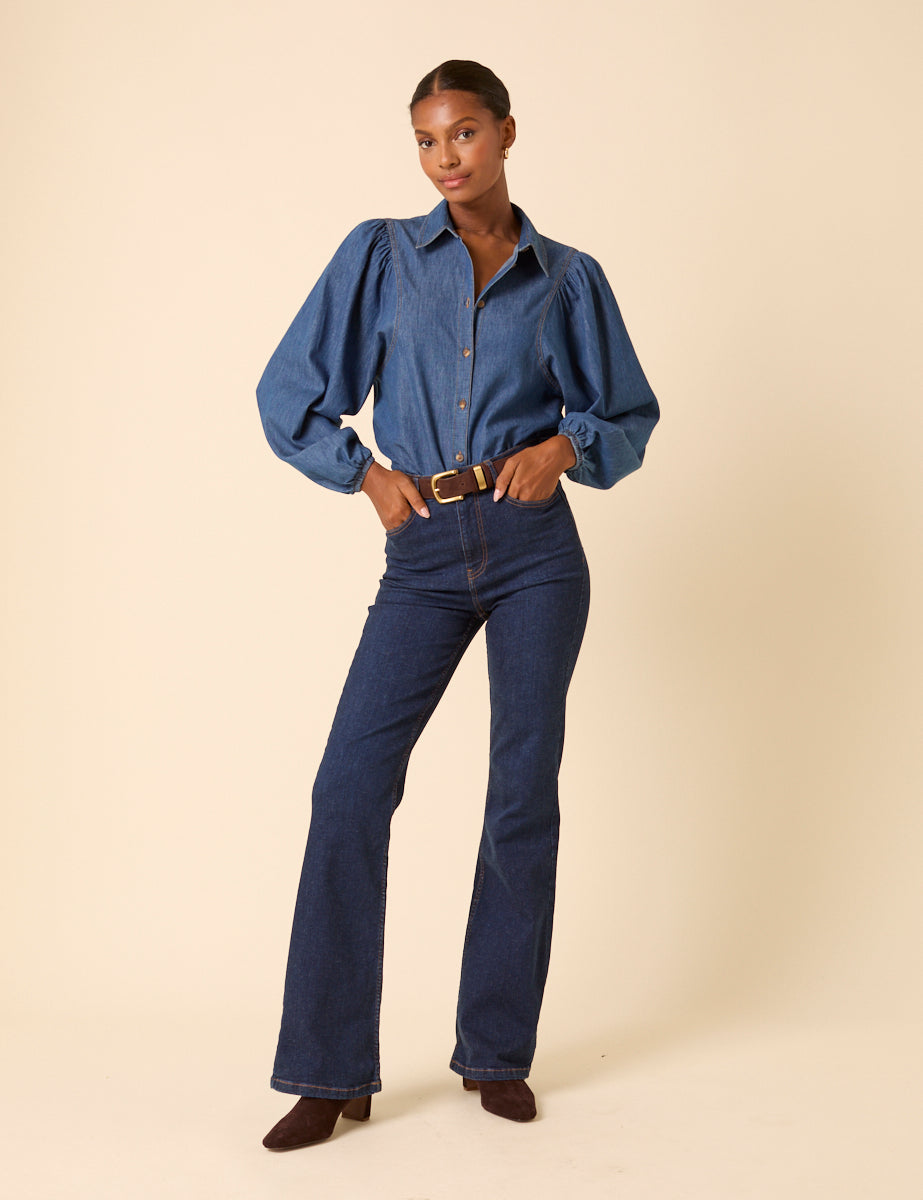 Blue Denim Balloon Sleeve Blouse