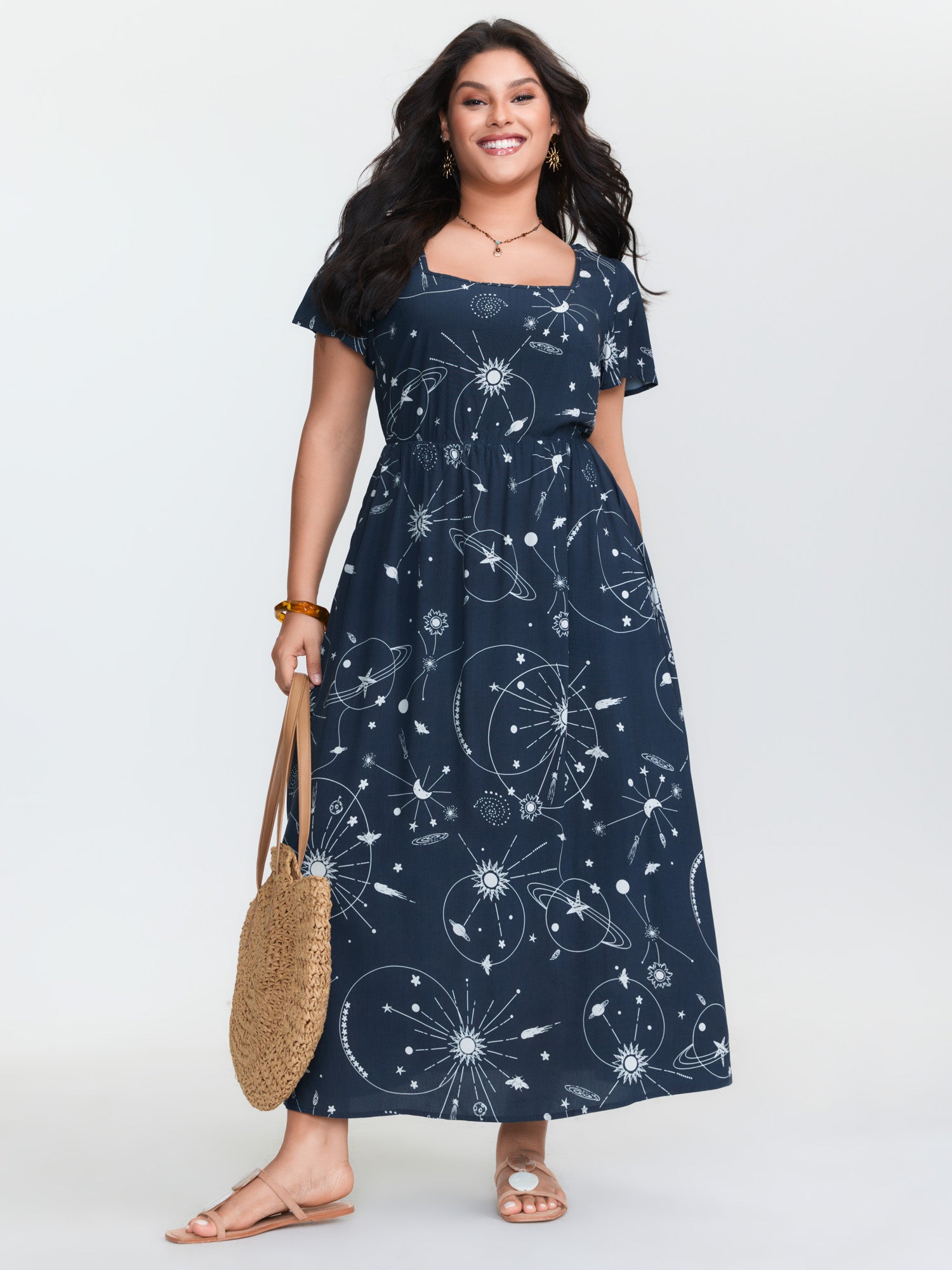 Galaxy Print Lotus Leaf Sleeve Maxi Dress