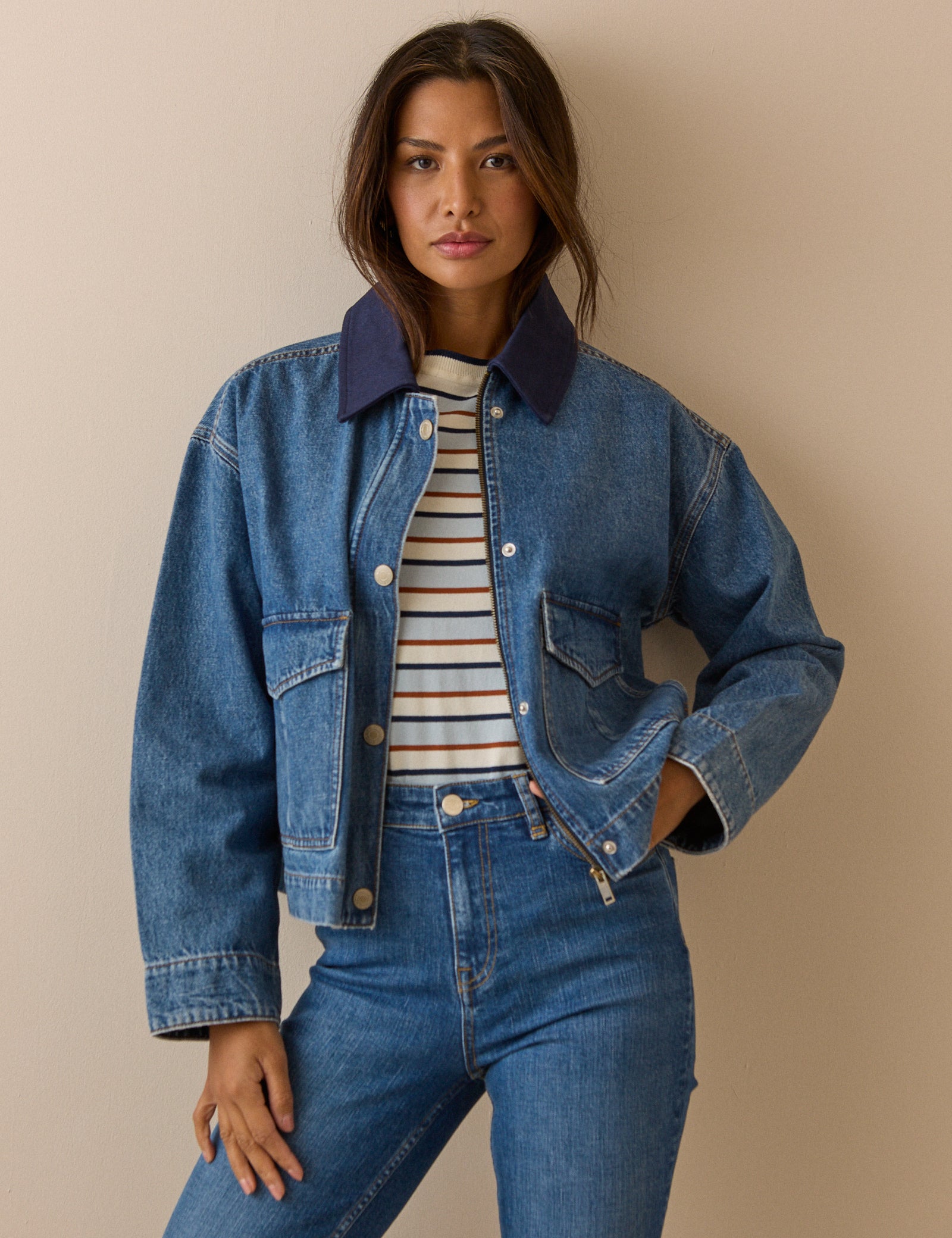 Mid Blue Contrast Collar Edie Denim Barn Jacket