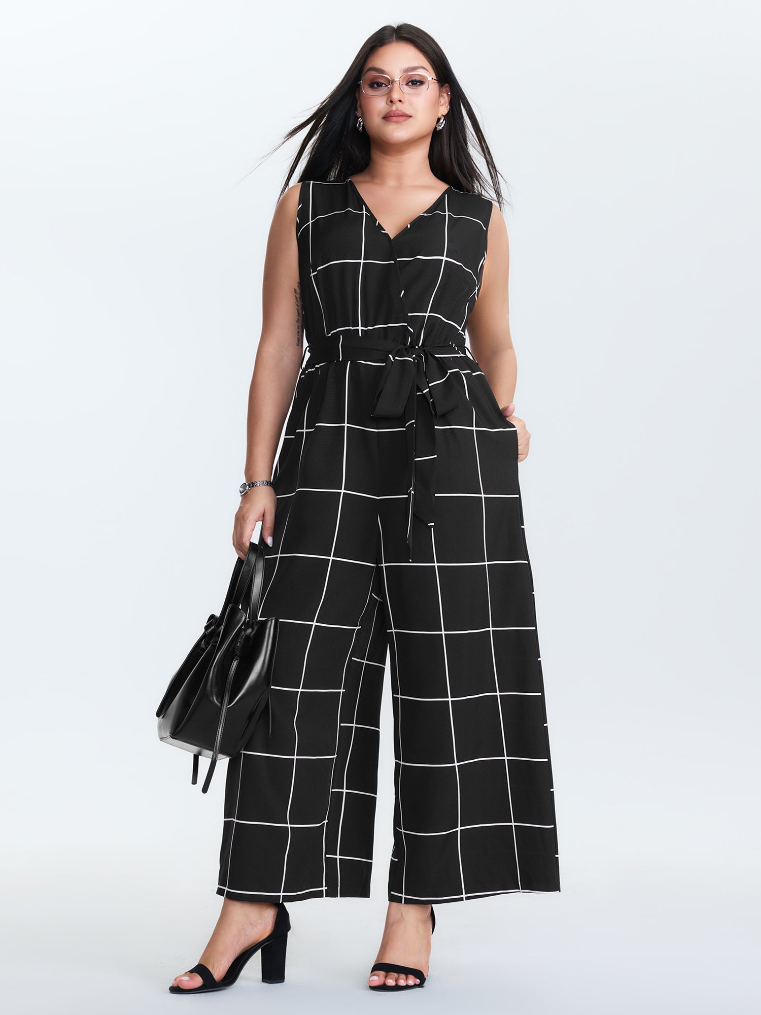 Check Pattern Waist-Tie Jumpsuit