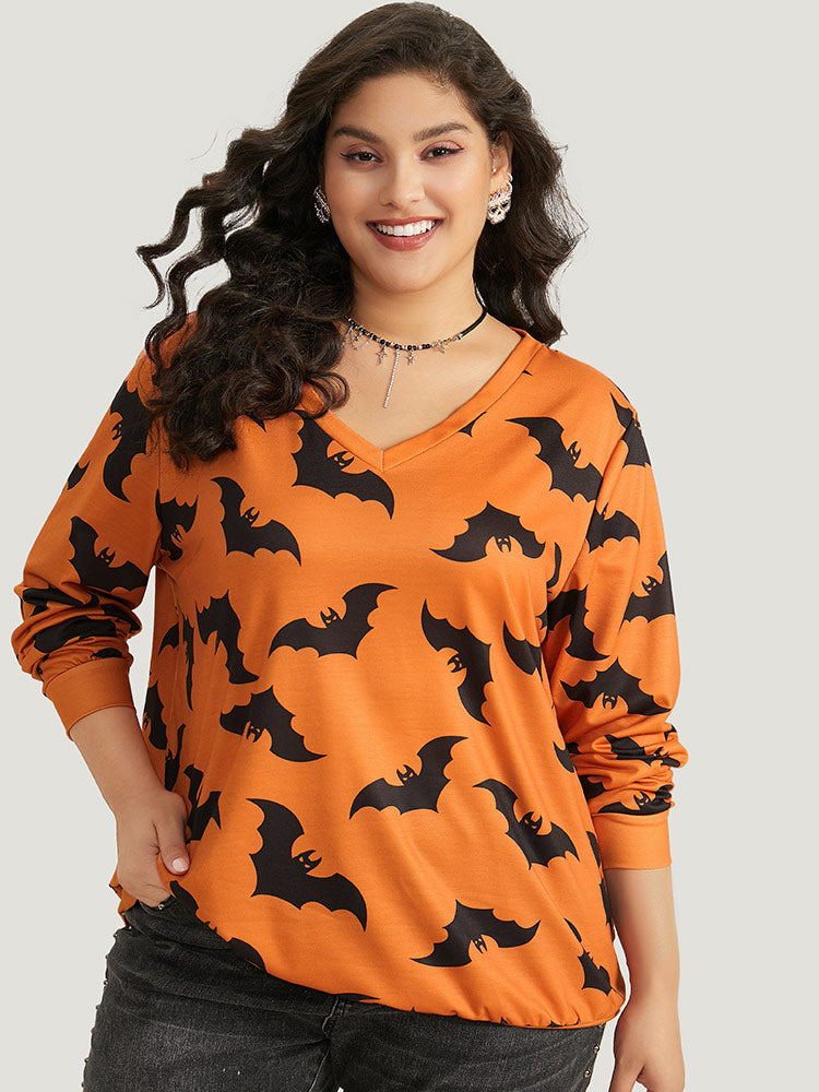 Halloween Bat Print V Neck Sweatshirt