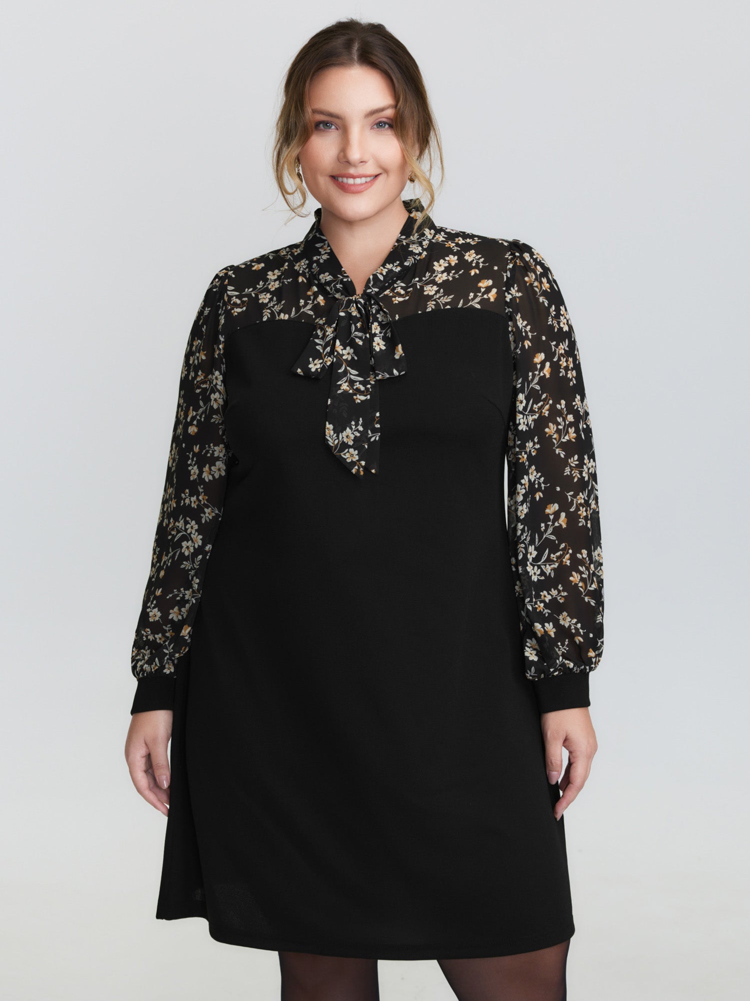 Floral Print Ribbon Neck-Tie Knee Dress