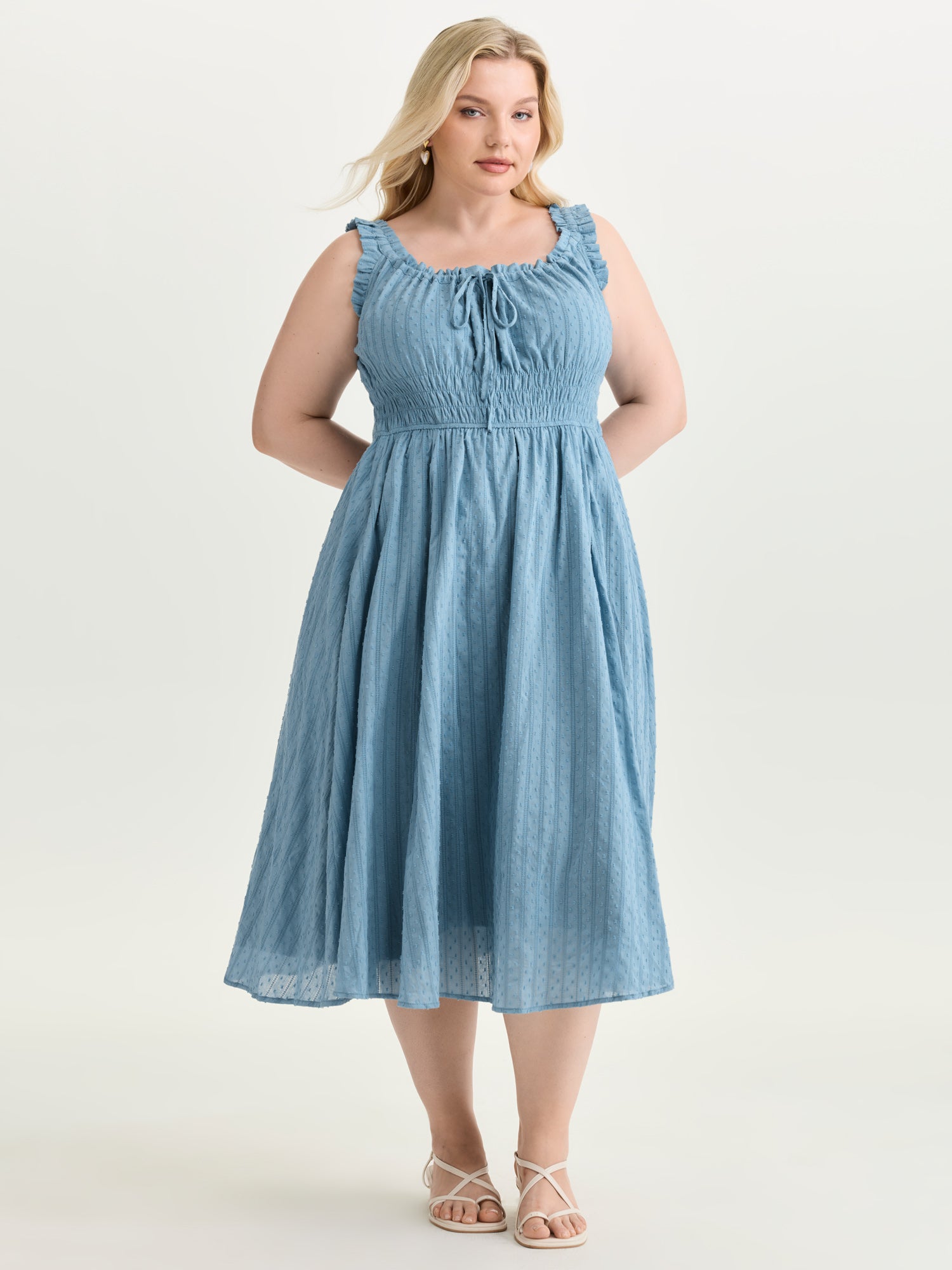 Textured Shirred Bodice Ruffled Straps Midi Dress