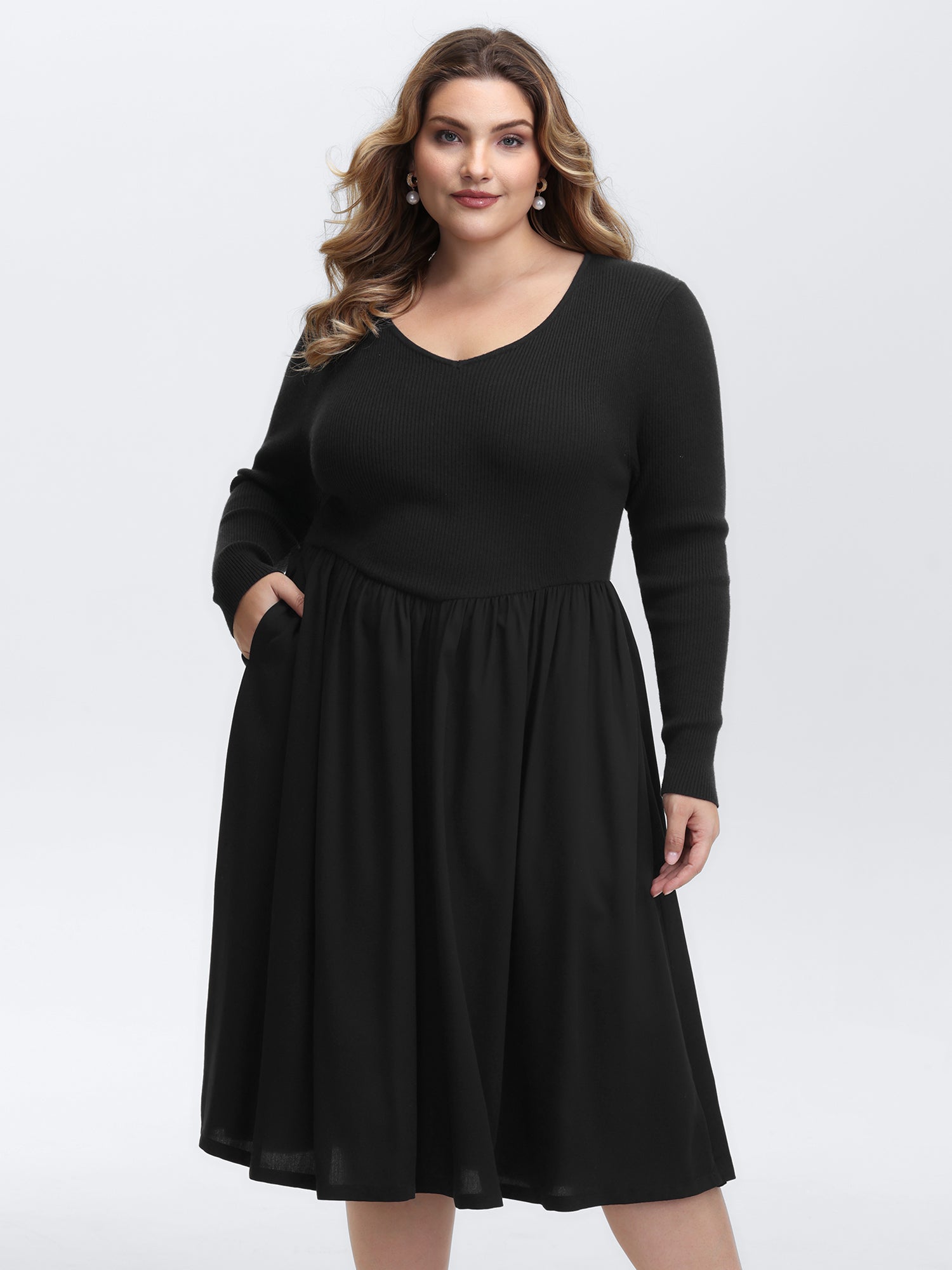 V-Neck Patchwork Plain Sweater Dress