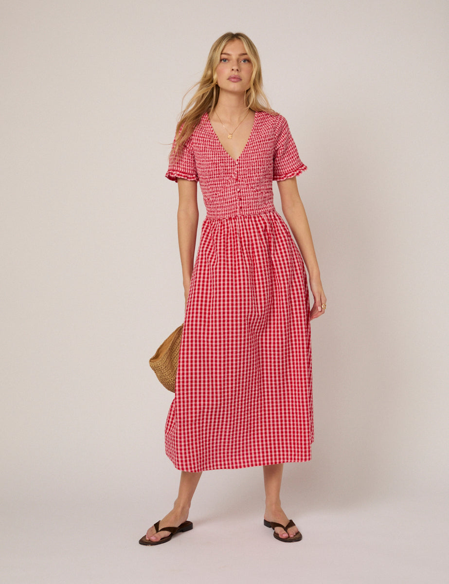 Red Gingham Eliza Midi Dress