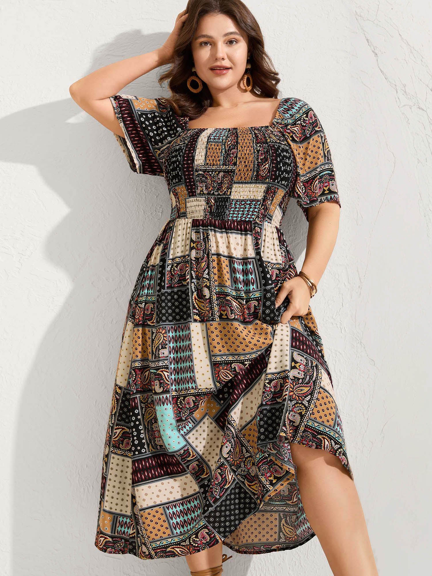 Paisley Floral Collage Shirred Pockets Midi Dress