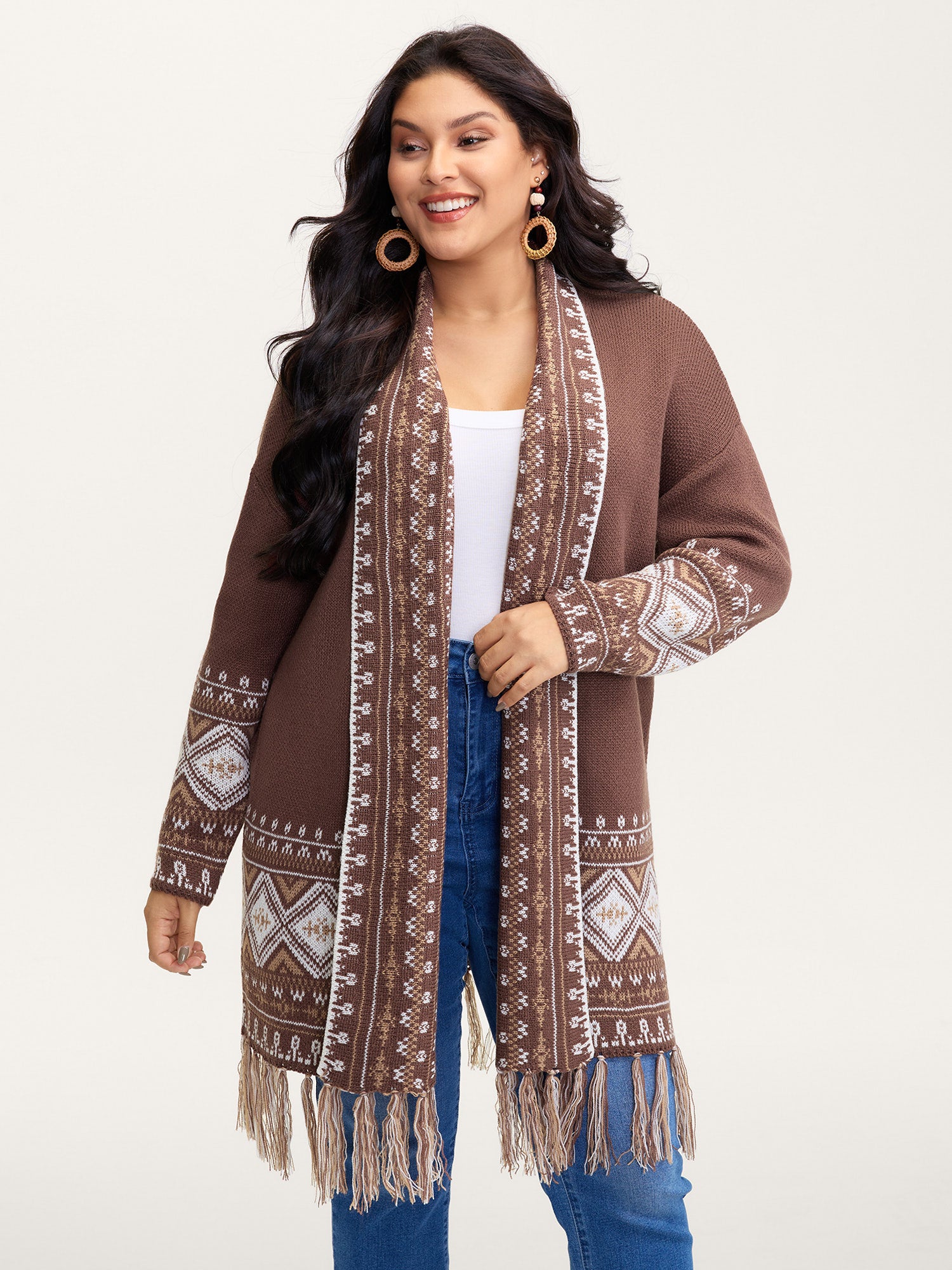 Boho Jacquard Folded Collar Tassels Cardigan