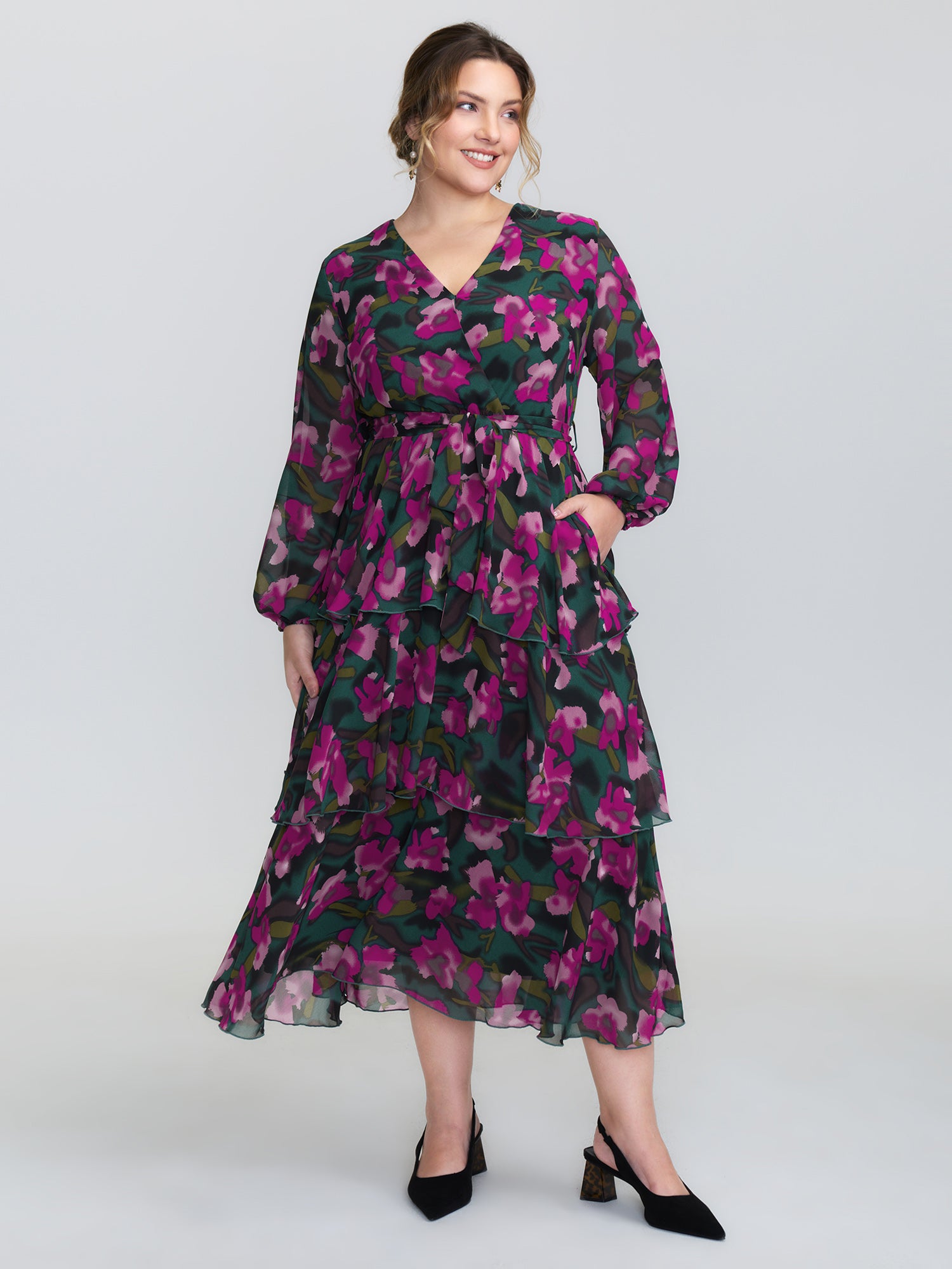 Abstract Floral Print Layered Pockets Midi Dress