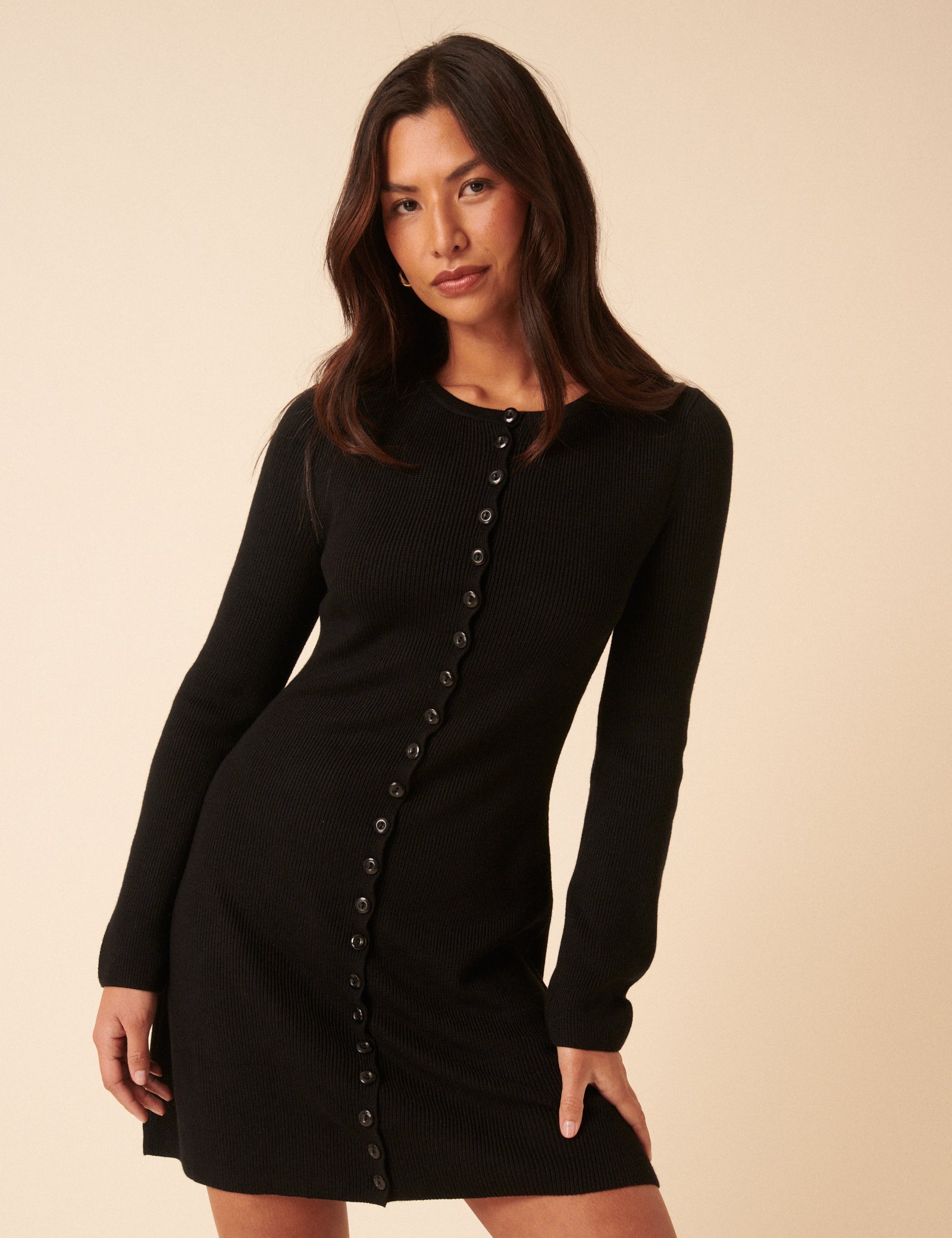 Black Long Sleeve Button Through Knitted Mini Dress