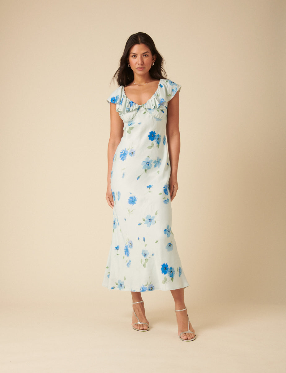 Blue Watercolour Floral Abelia Midi Dress