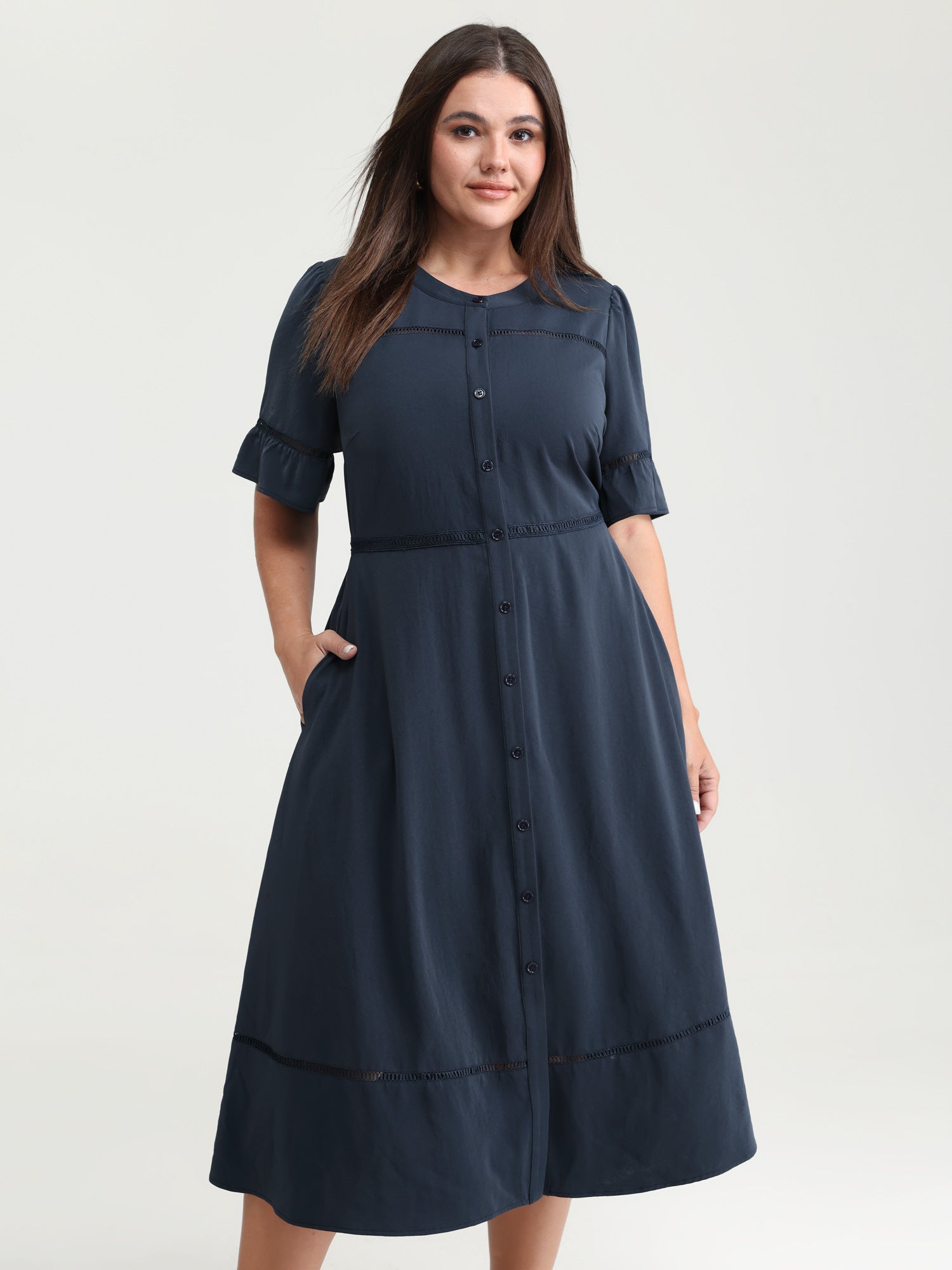 Eyelet Trim Pockets Button-Placket Midi Dress