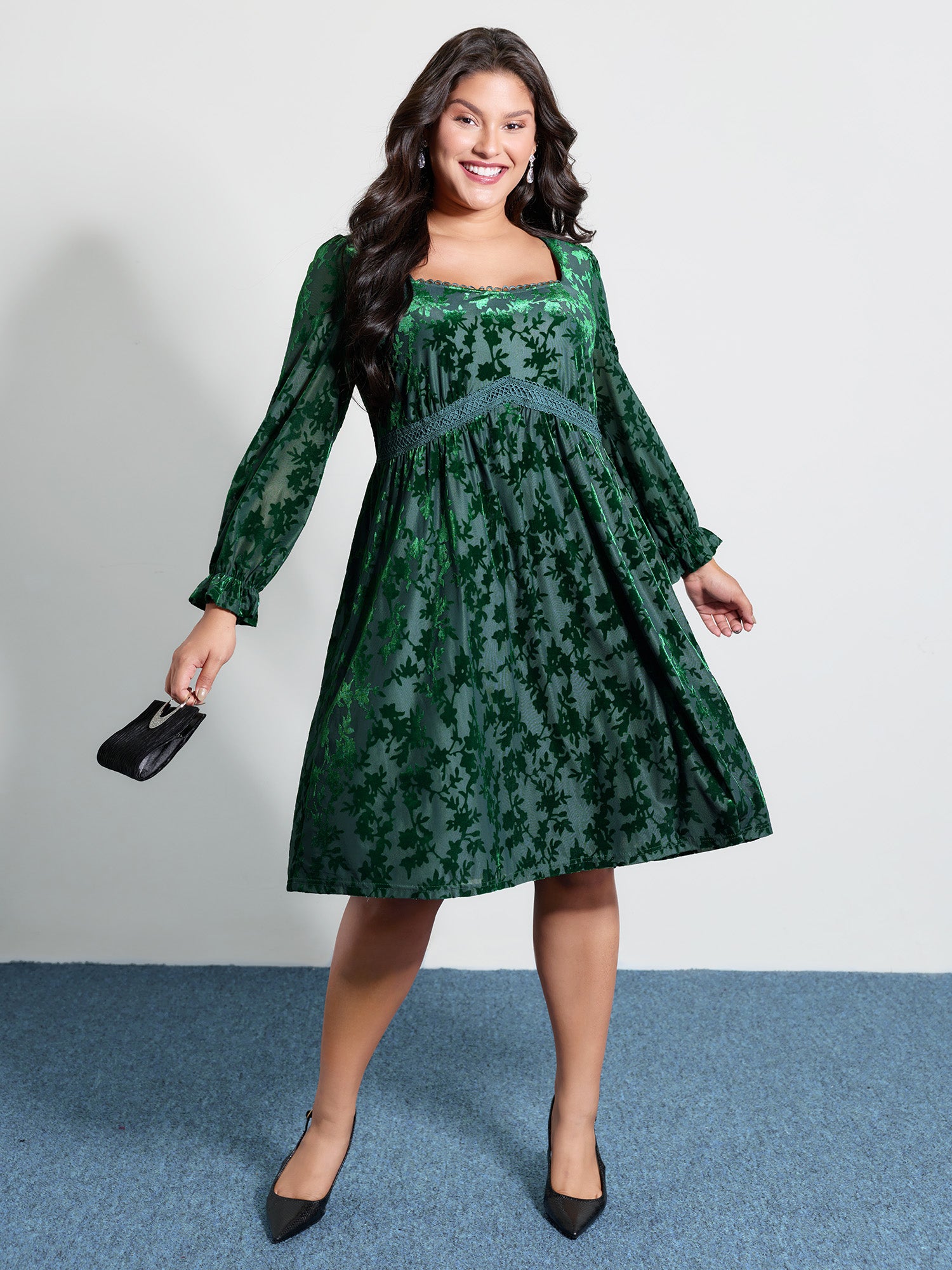 Velvet Floral Print Lace Pockets Party Dress