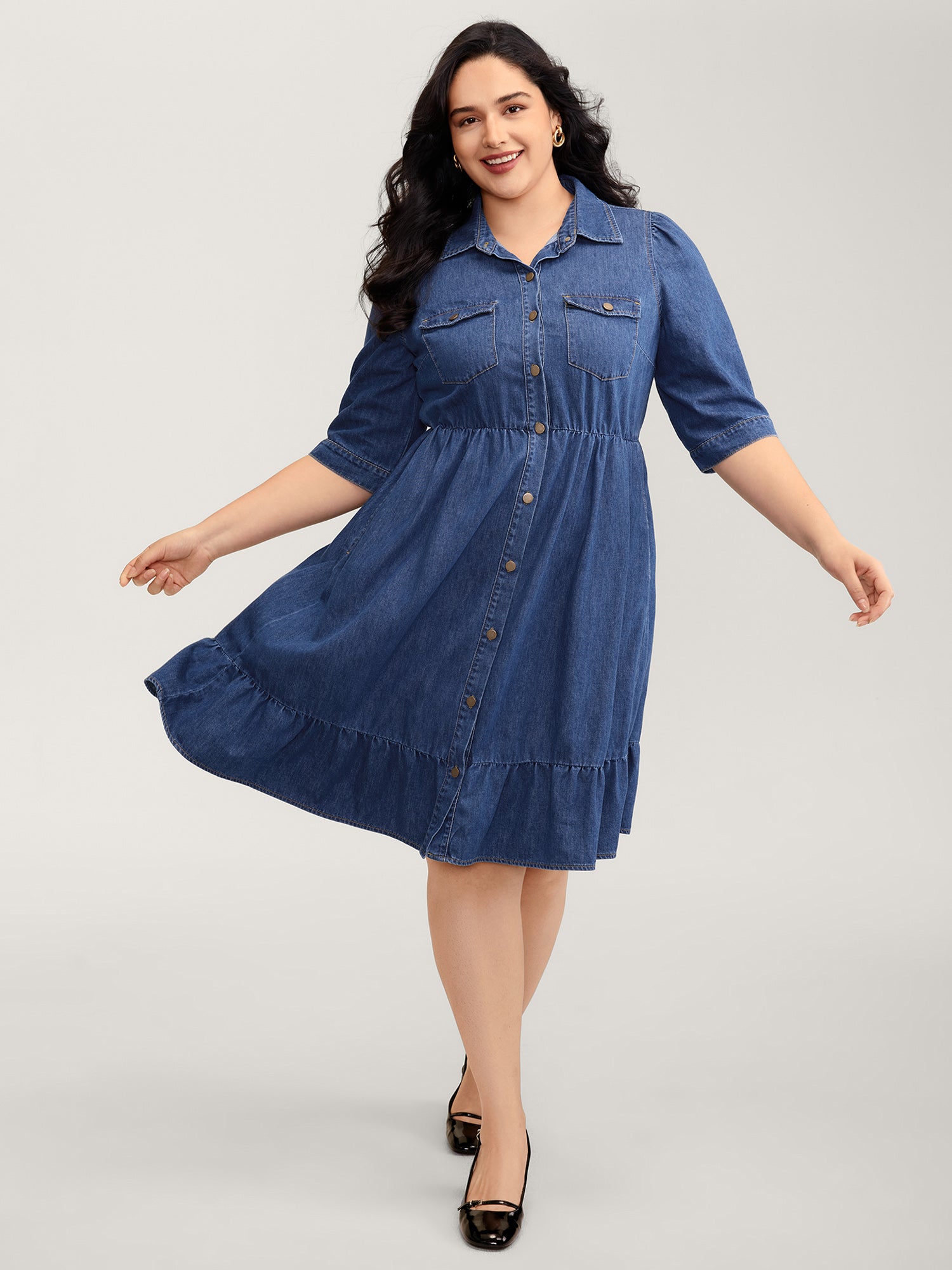 Denim Ruffled Hem Pockets Shirt Dress