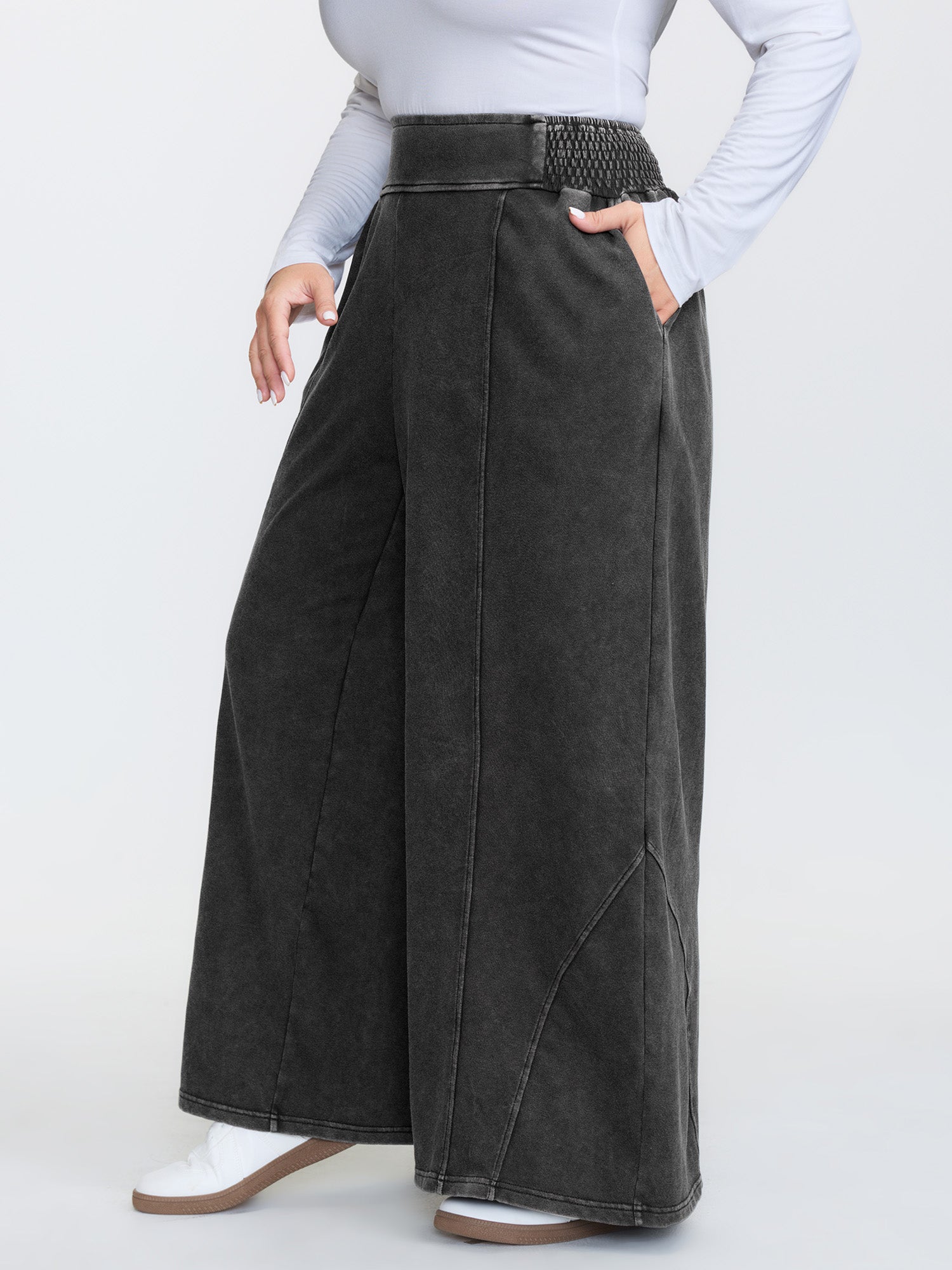 Stretchy Vintage Wash Wide-Leg Pants