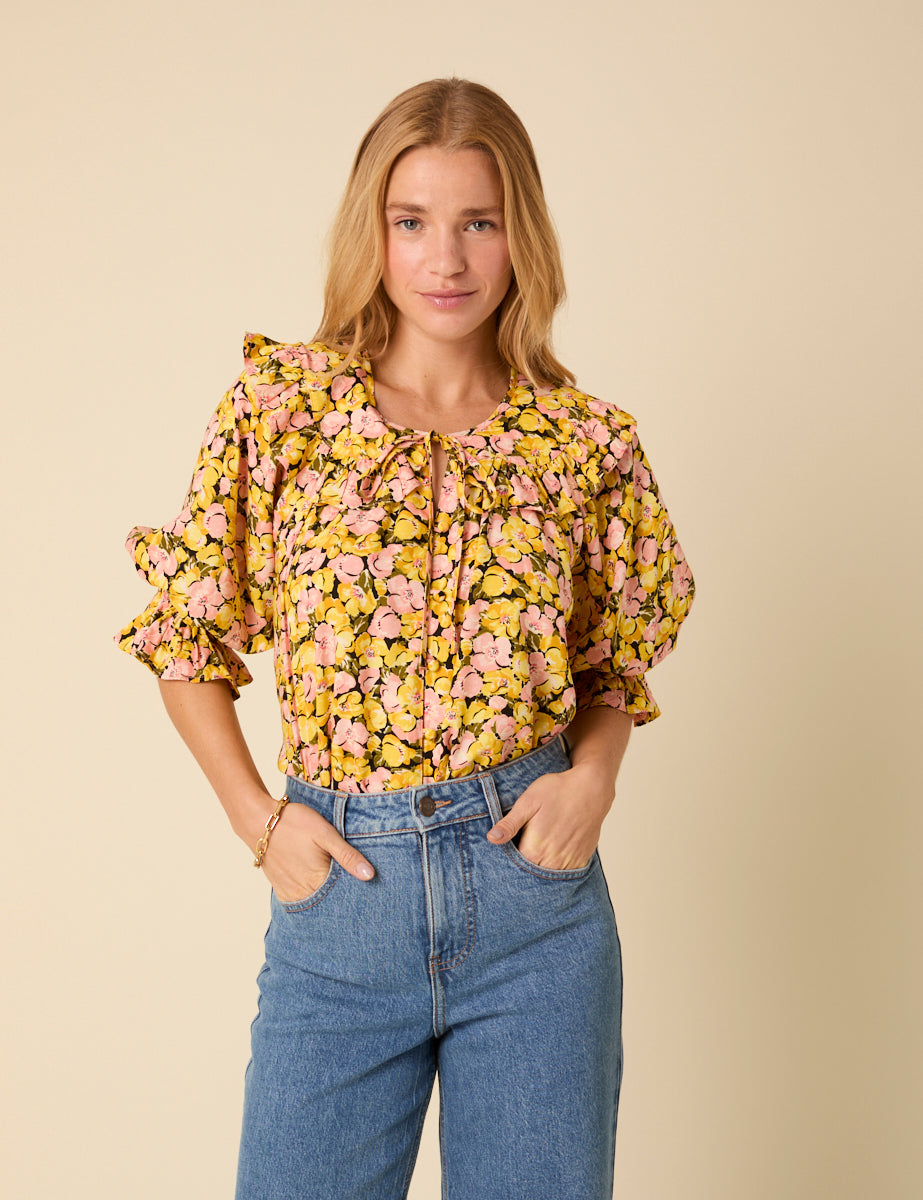 Yellow Floral Short Sleeve Blouse