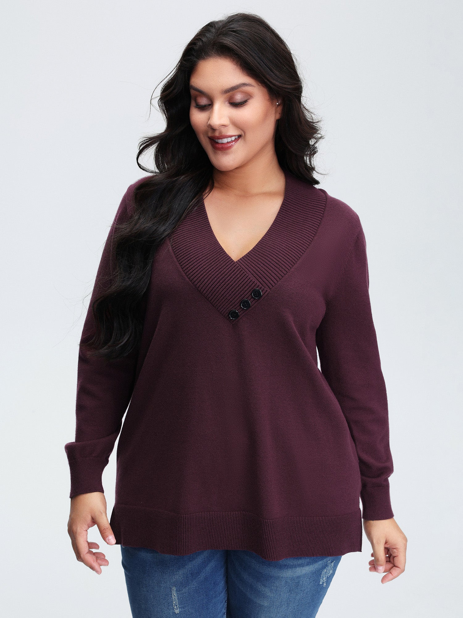 V-Neck Button Detail Plain Pullover