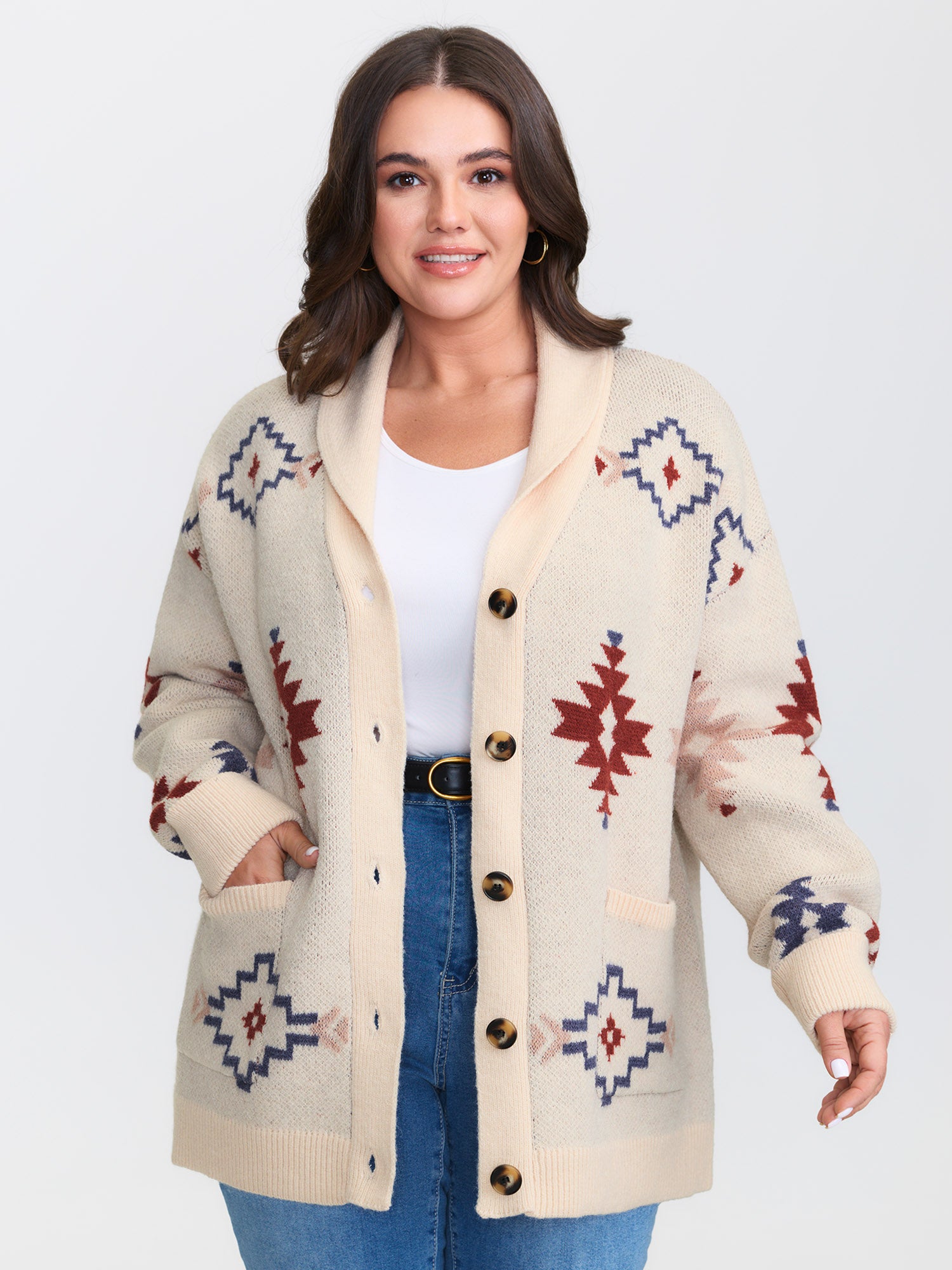 Boho Jacquard Print Pocket Knit Cardigan