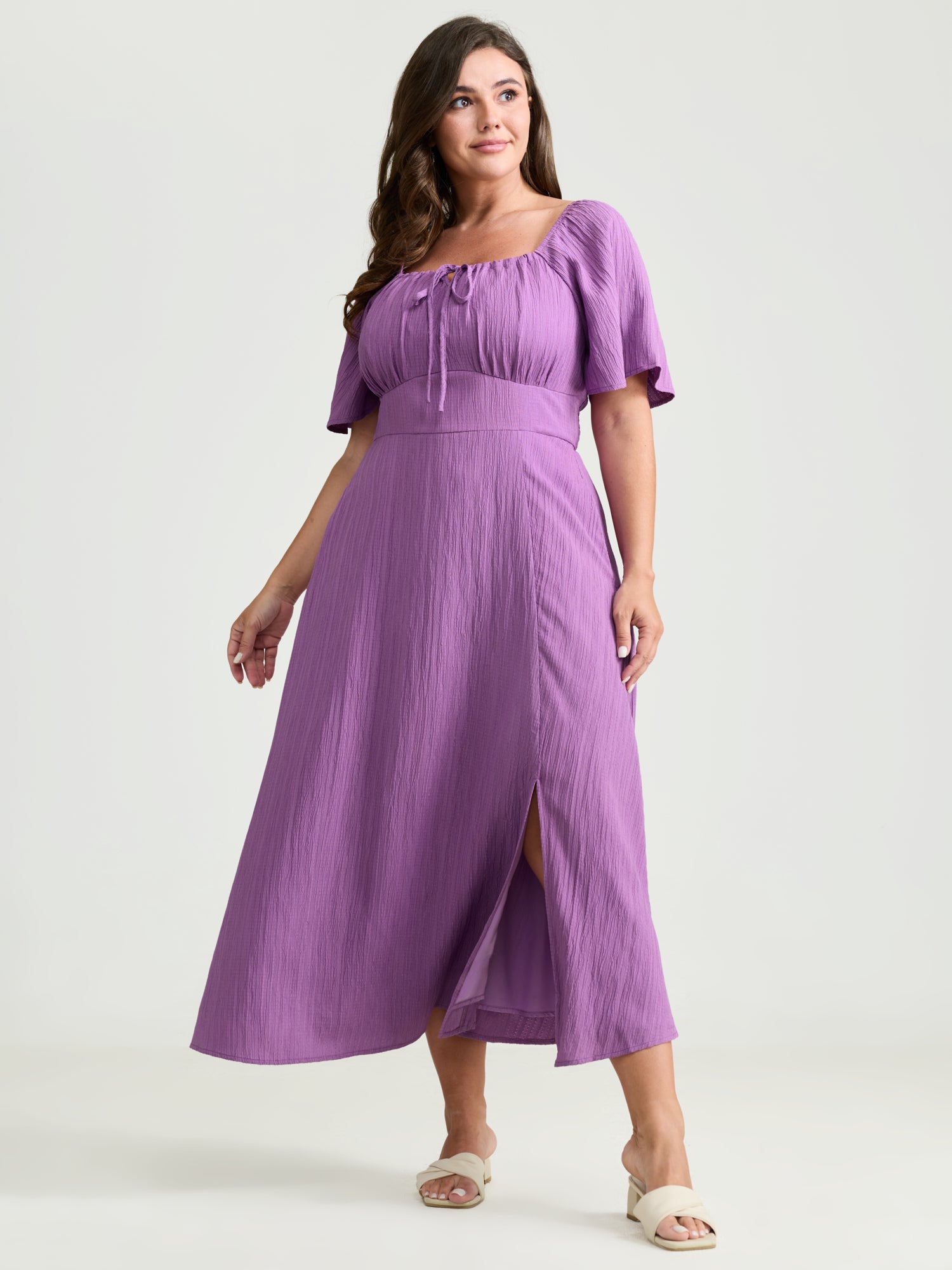 Textured Curvy Hem Bust-Friendly Slit Midi Dress