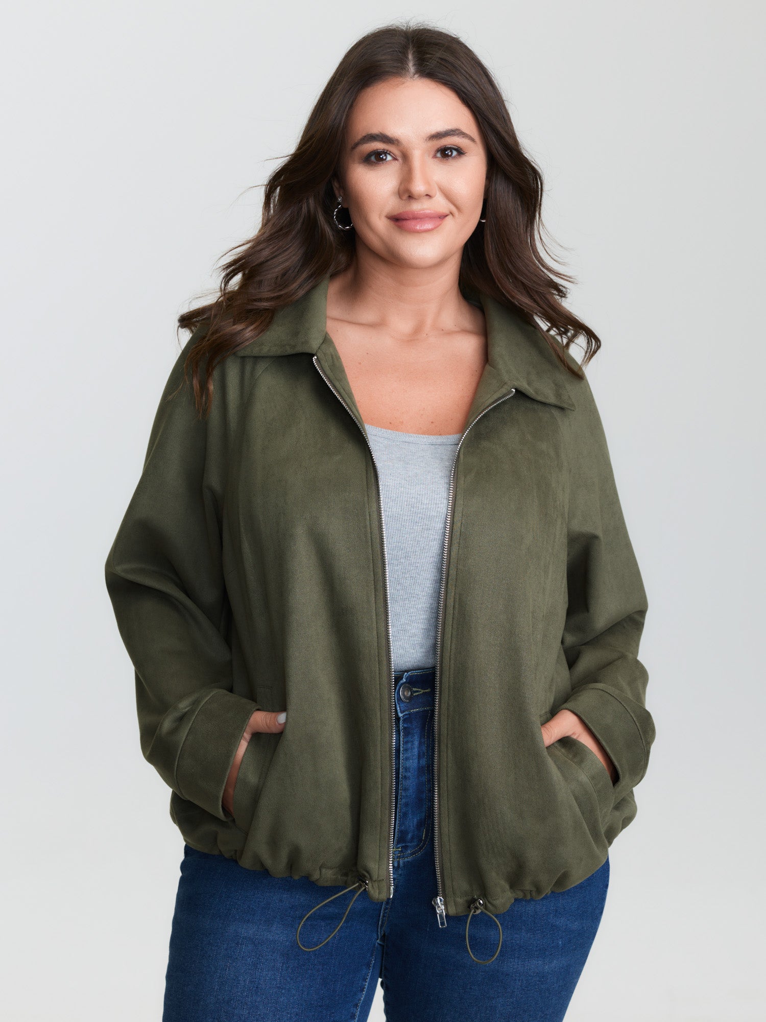 Suede Drawstring Hem Zipper Jacket