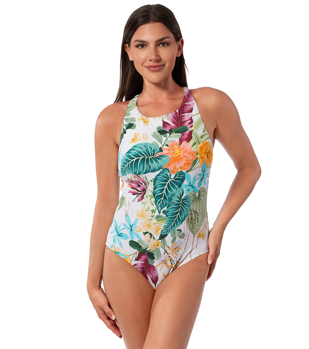 Jantzen Women's Mystic Tropic Layla Cross Back High Neck One Piece Swimsuit