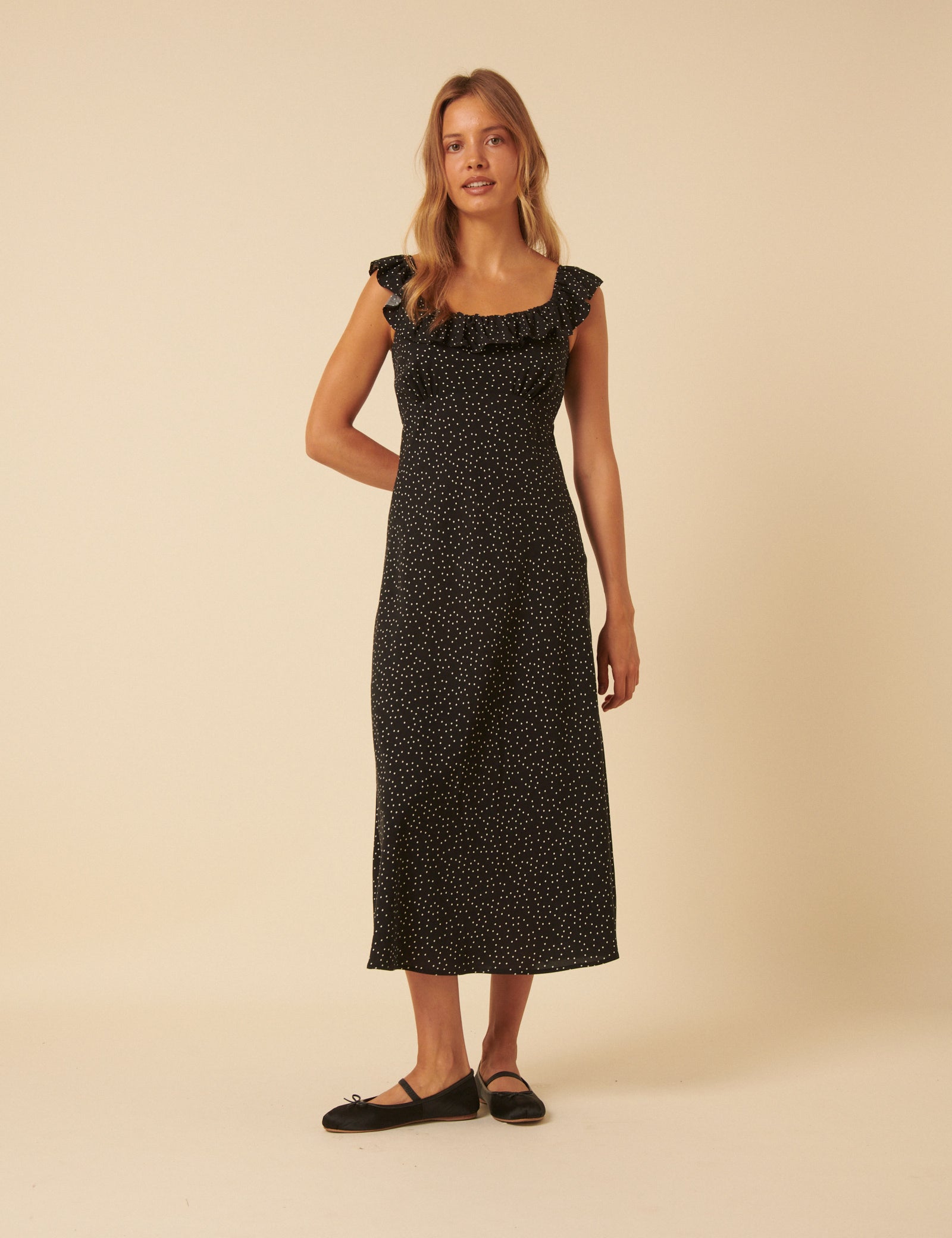 Black Polka Dot Ruffle Trim Libby Midi Dress