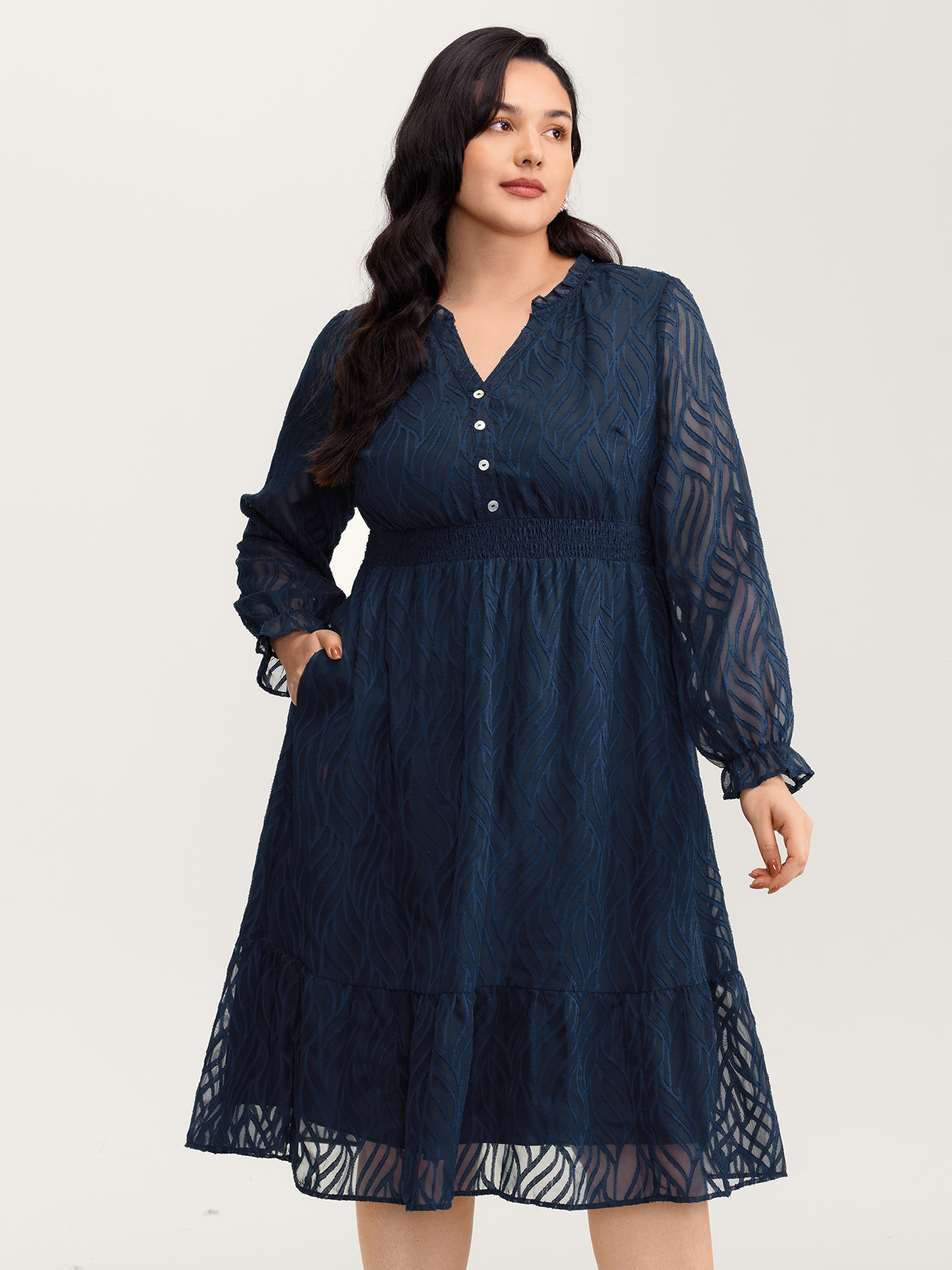 Sheer Jacquard Stretchy Waist Midi Dress