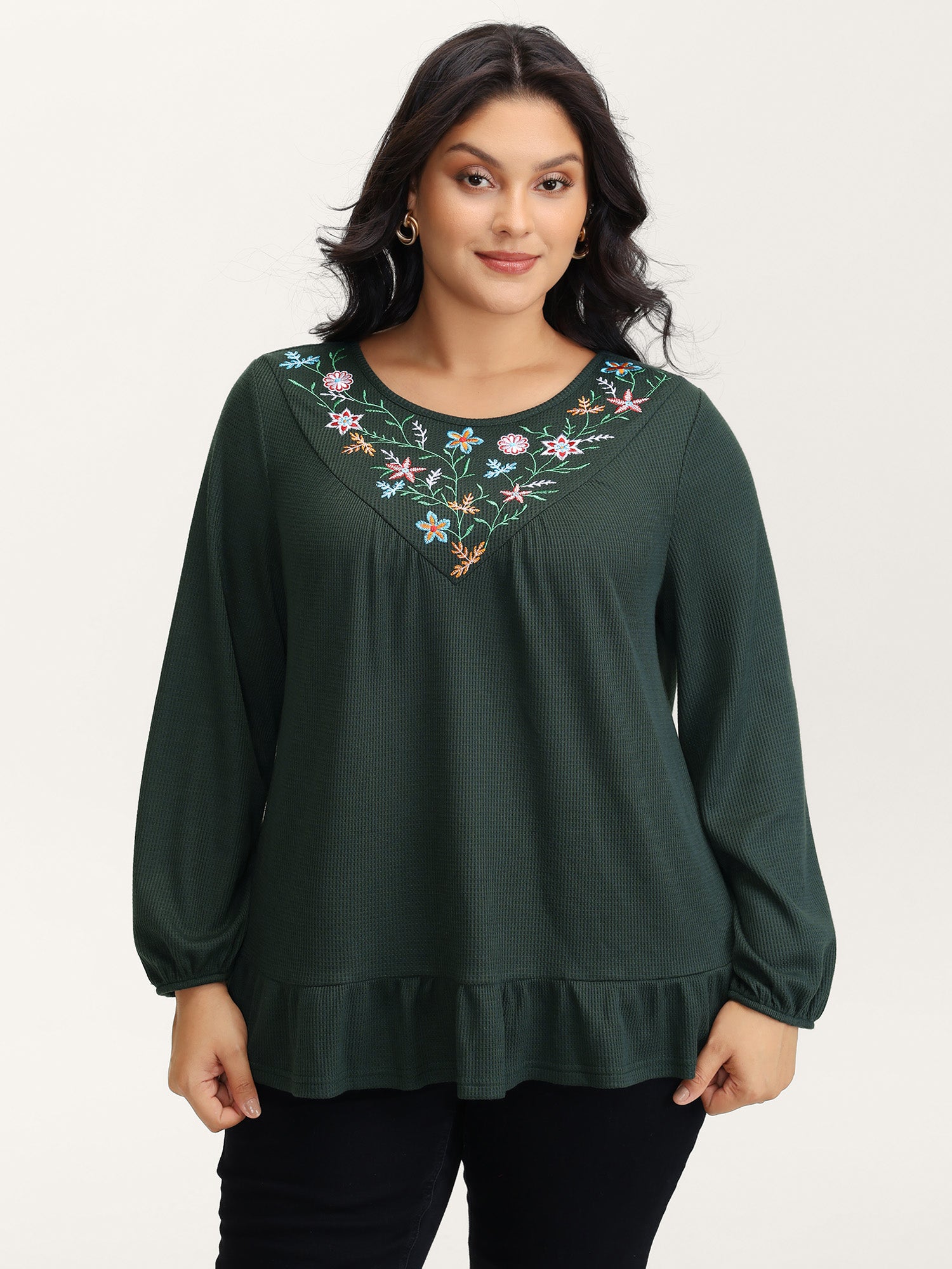 Embroidered Waffle Ruffled Hem Knit Top