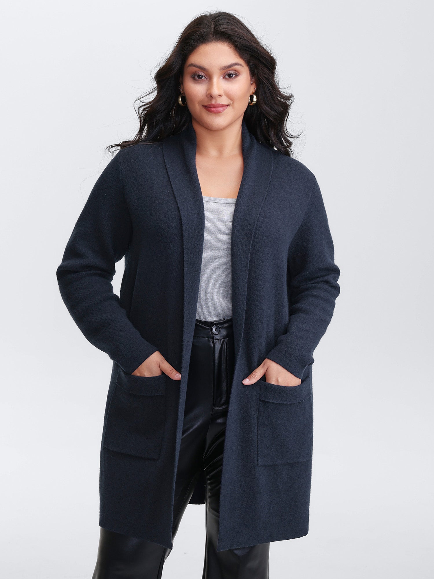 Supersoft Folded Collar Pockets Open-Front Knit Cardigan
