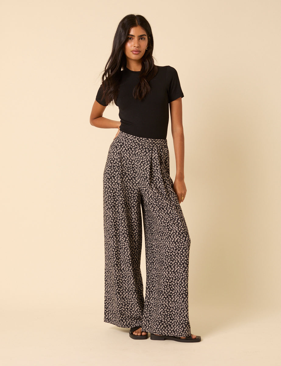 Black Ditsy Floral Wide Leg Zeena Trousers