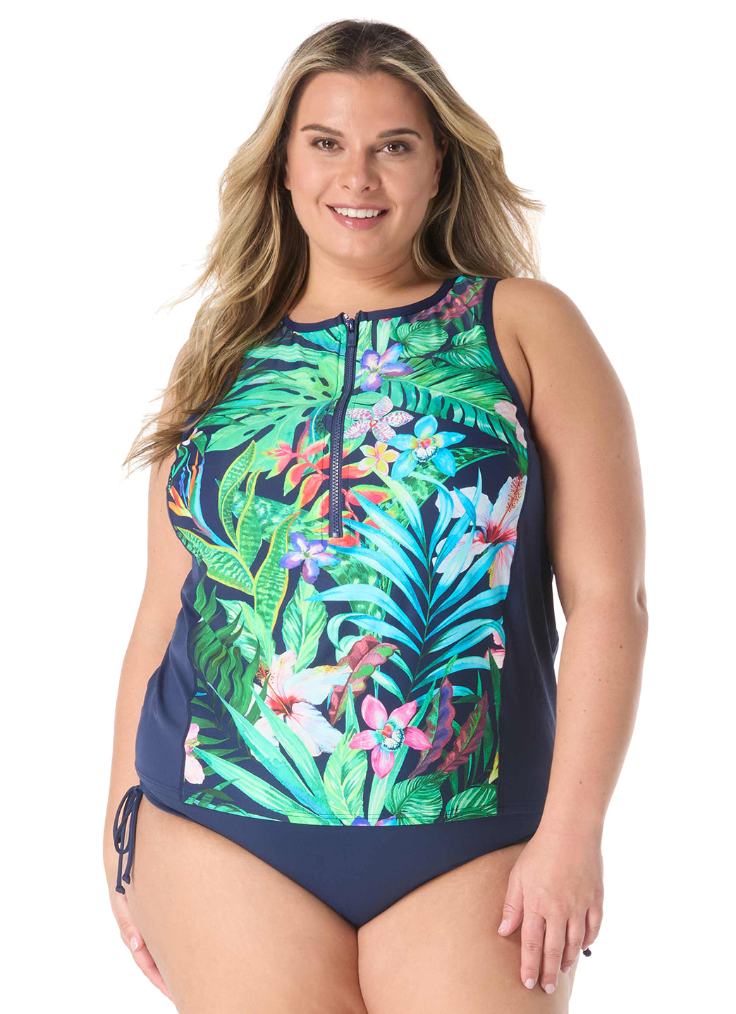 Beach House Women's Plus Size Tropic Paradise Racer Zip Front Tankini Top