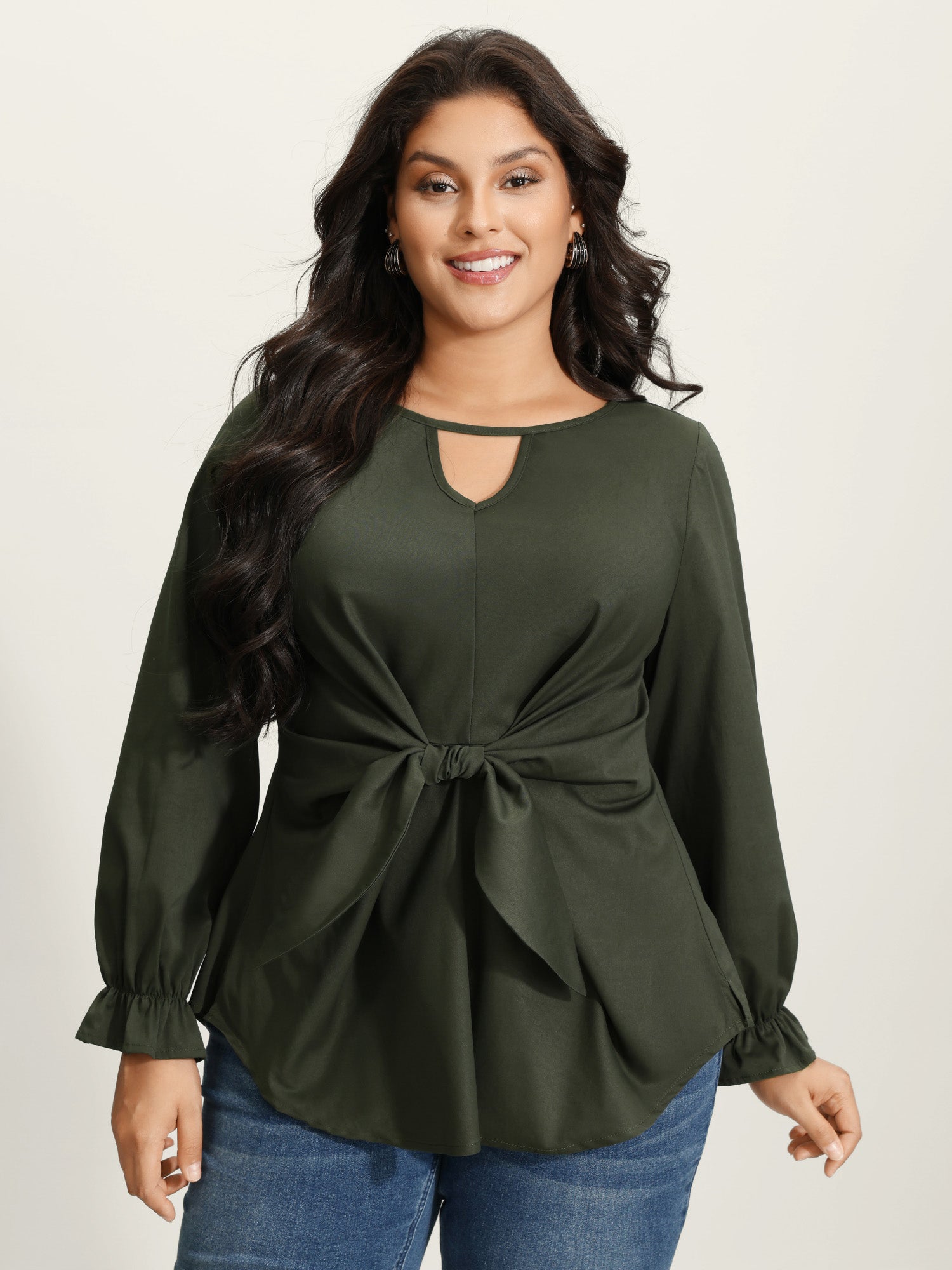 Knotted-Front Stretch Cuff Sleeve Blouse